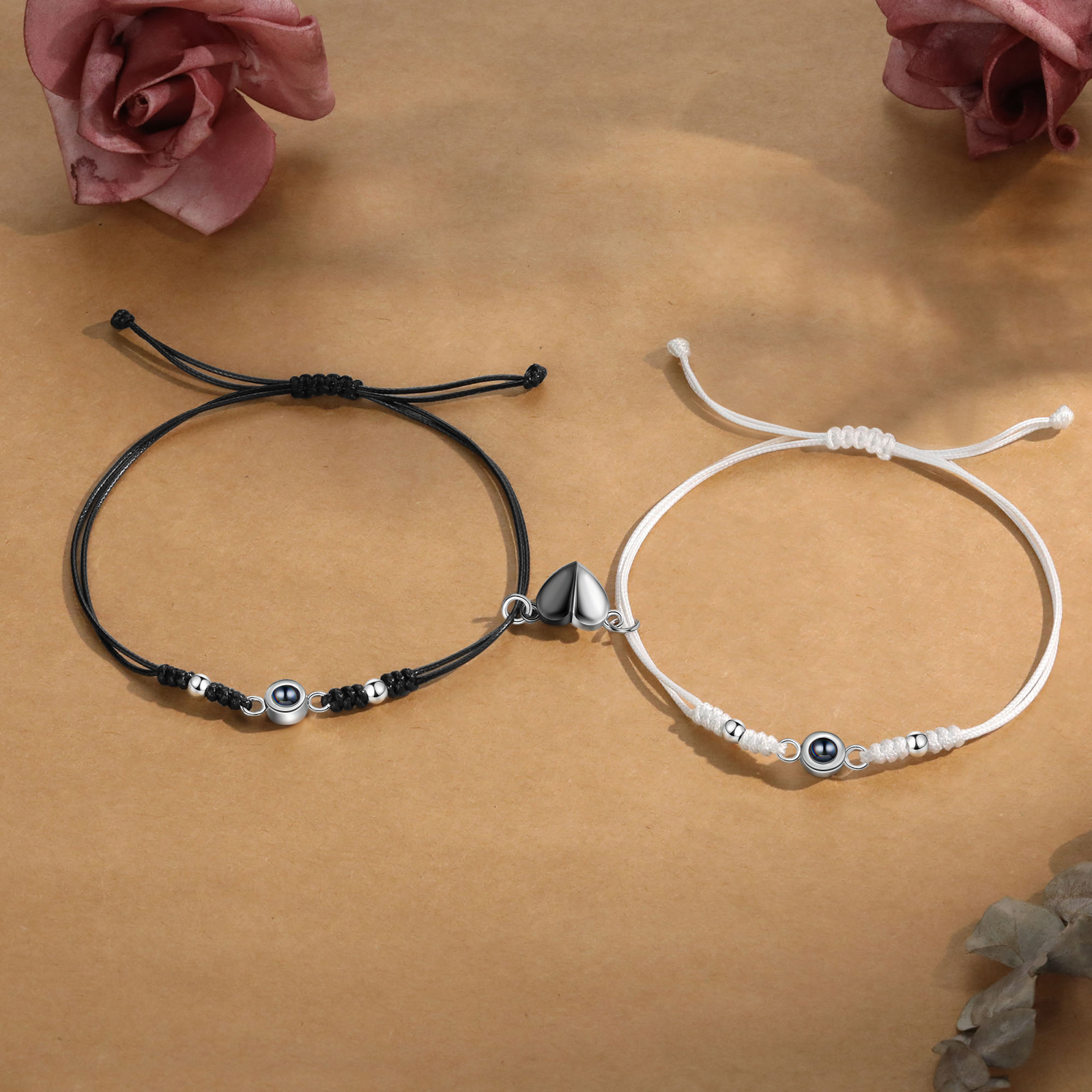 Personalised Projection Bracelet for Couples Custom Photo & Adjustable Leather Bracelet Available in Black White or Two-Piece Set