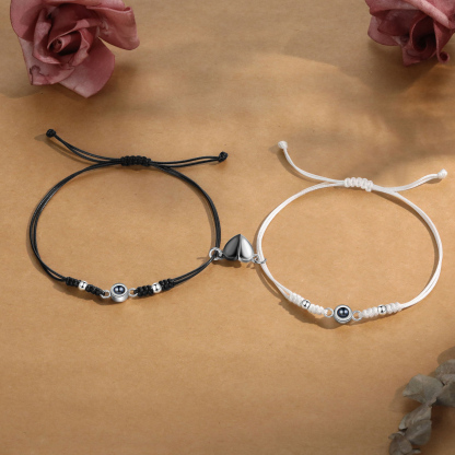 Personalised Projection Bracelet for Couples Custom Photo & Adjustable Leather Bracelet Available in Black White or Two-Piece Set