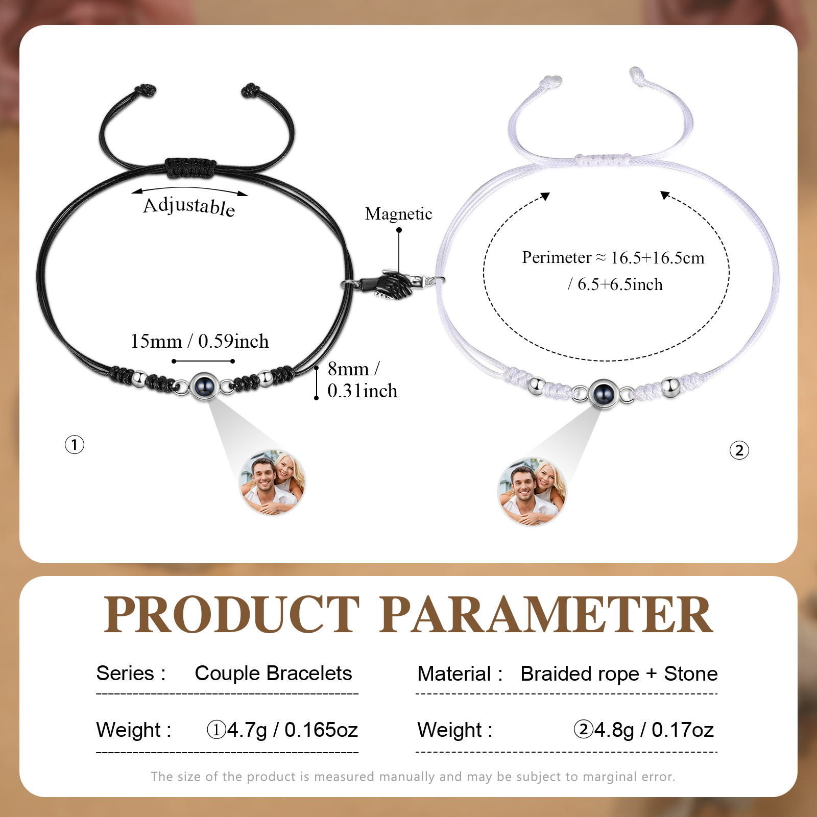 Personalised Projection Bracelet for Couples Custom Photo & Adjustable Leather Bracelet Available in Black White or Two-Piece Set