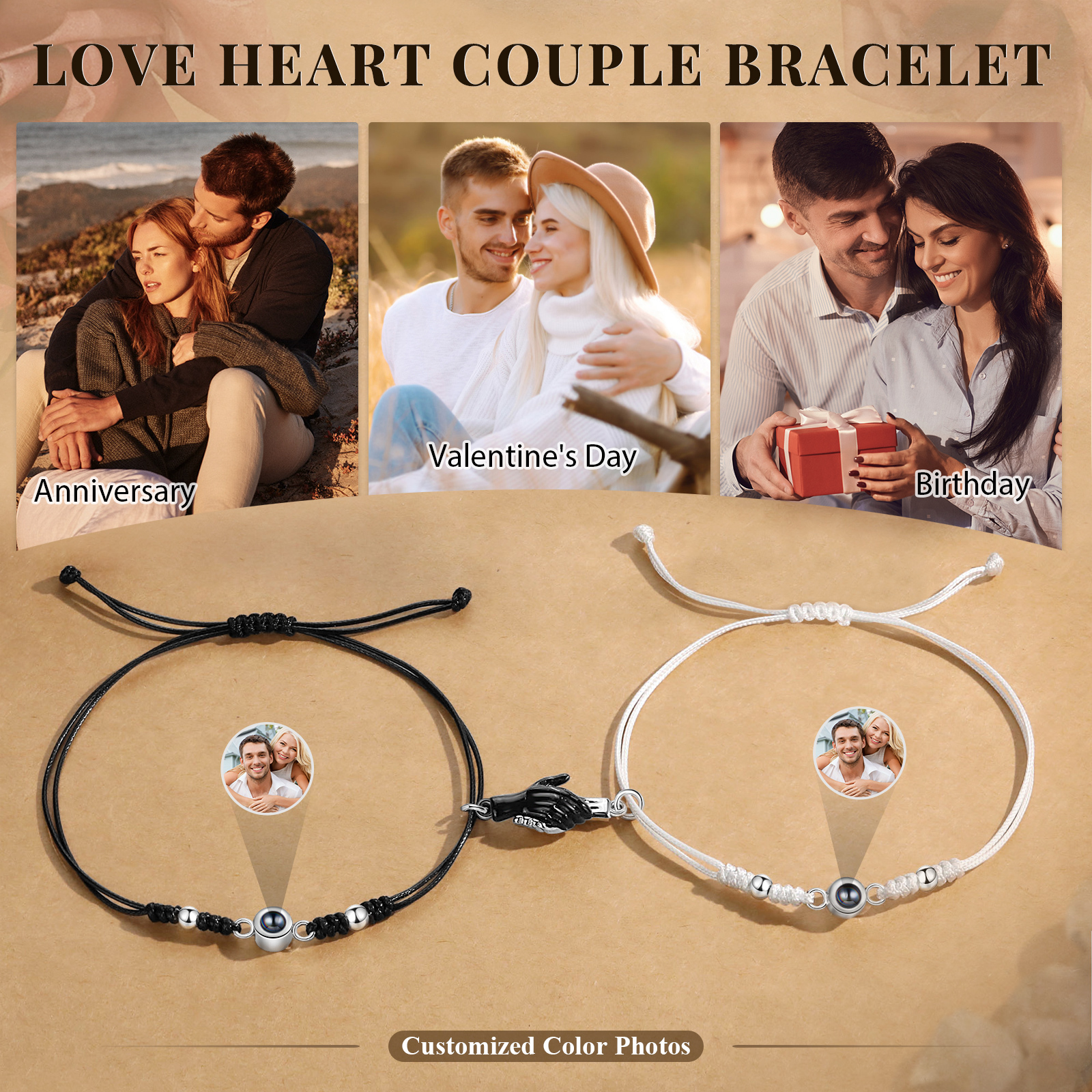 Personalised Projection Bracelet for Couples Custom Photo & Adjustable Leather Bracelet Available in Black White or Two-Piece Set