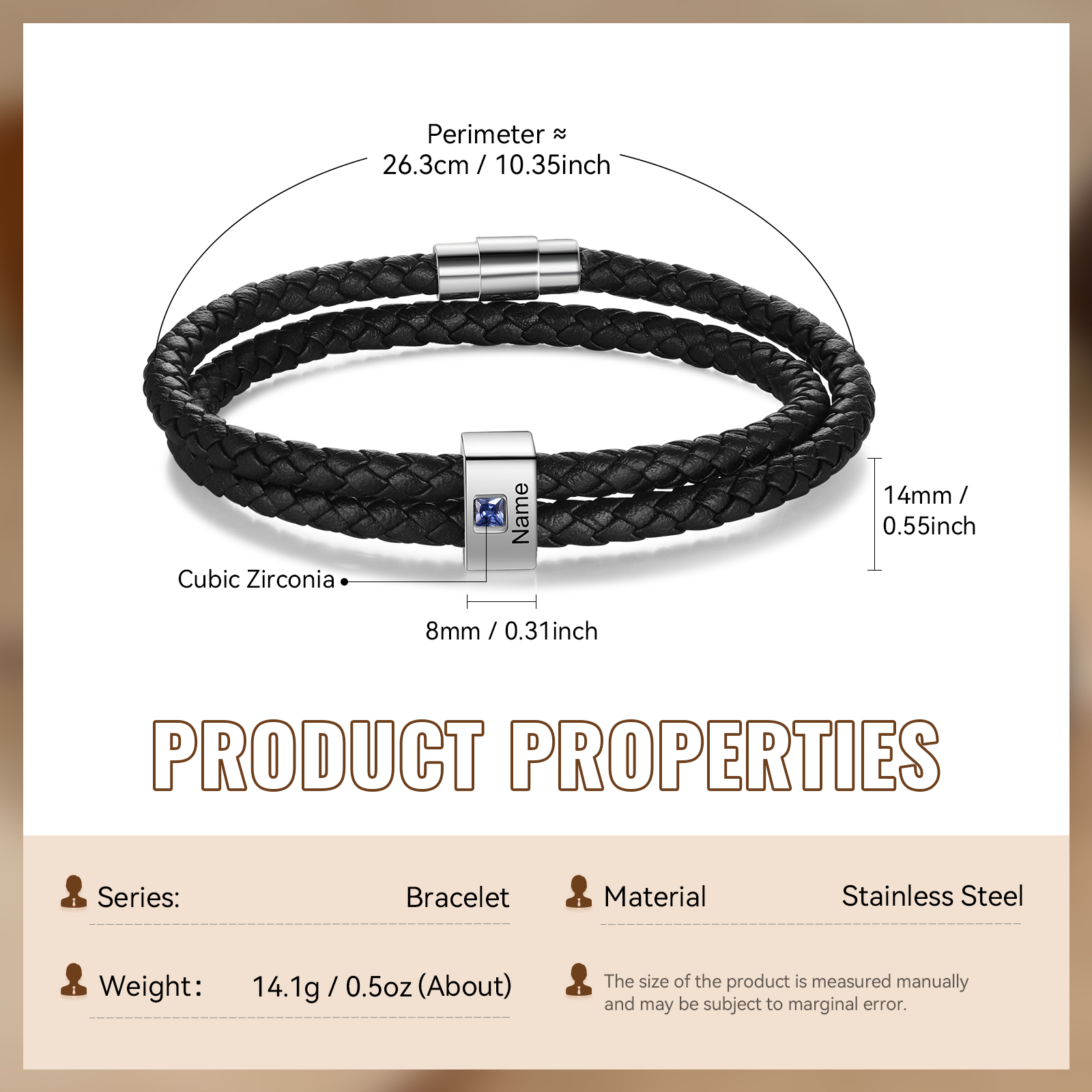 Personalised Leather Men Bracelet with 1 Name & 1 Stone A Thoughtful Gift for Him