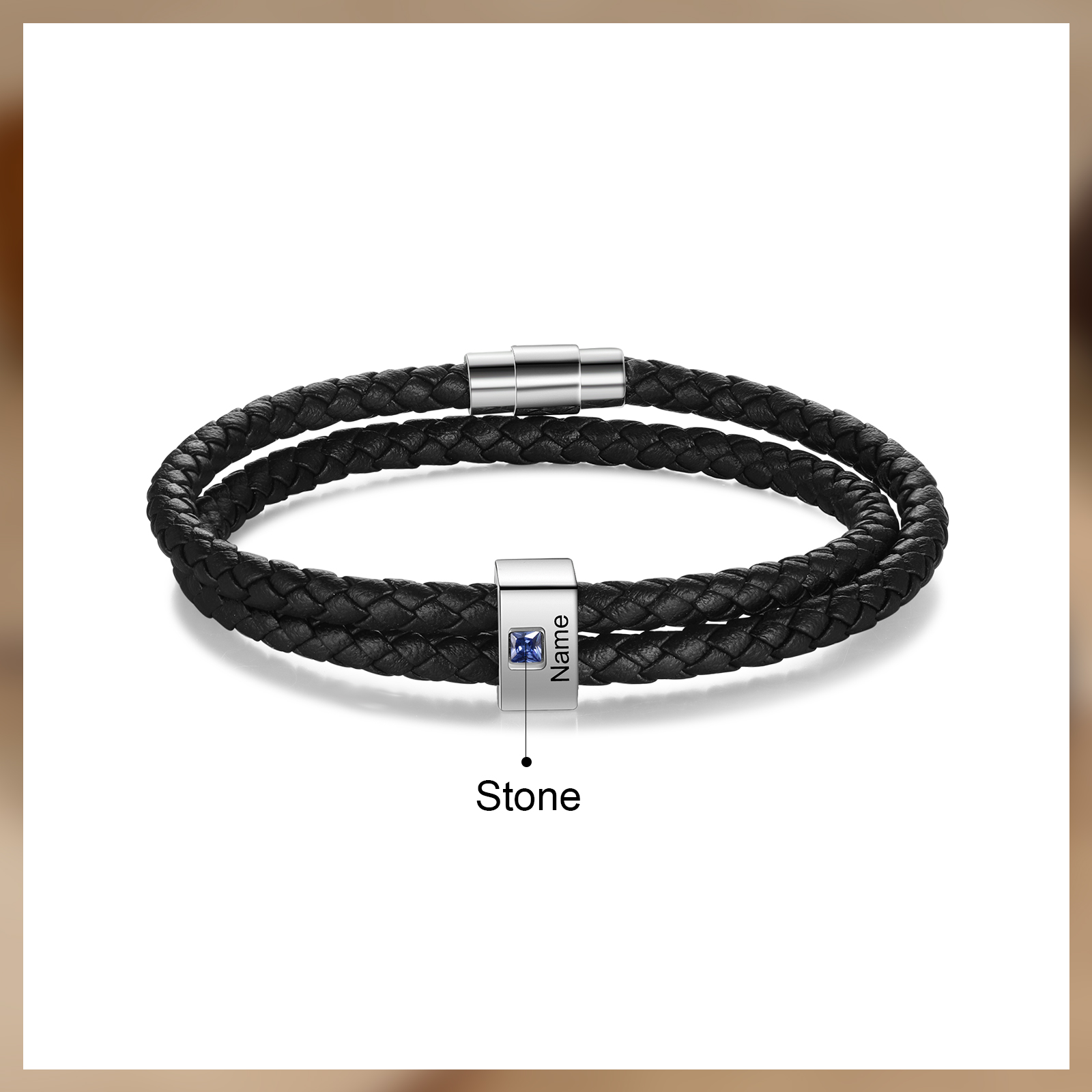 Personalised Leather Men Bracelet with 1 Name & 1 Stone A Thoughtful Gift for Him