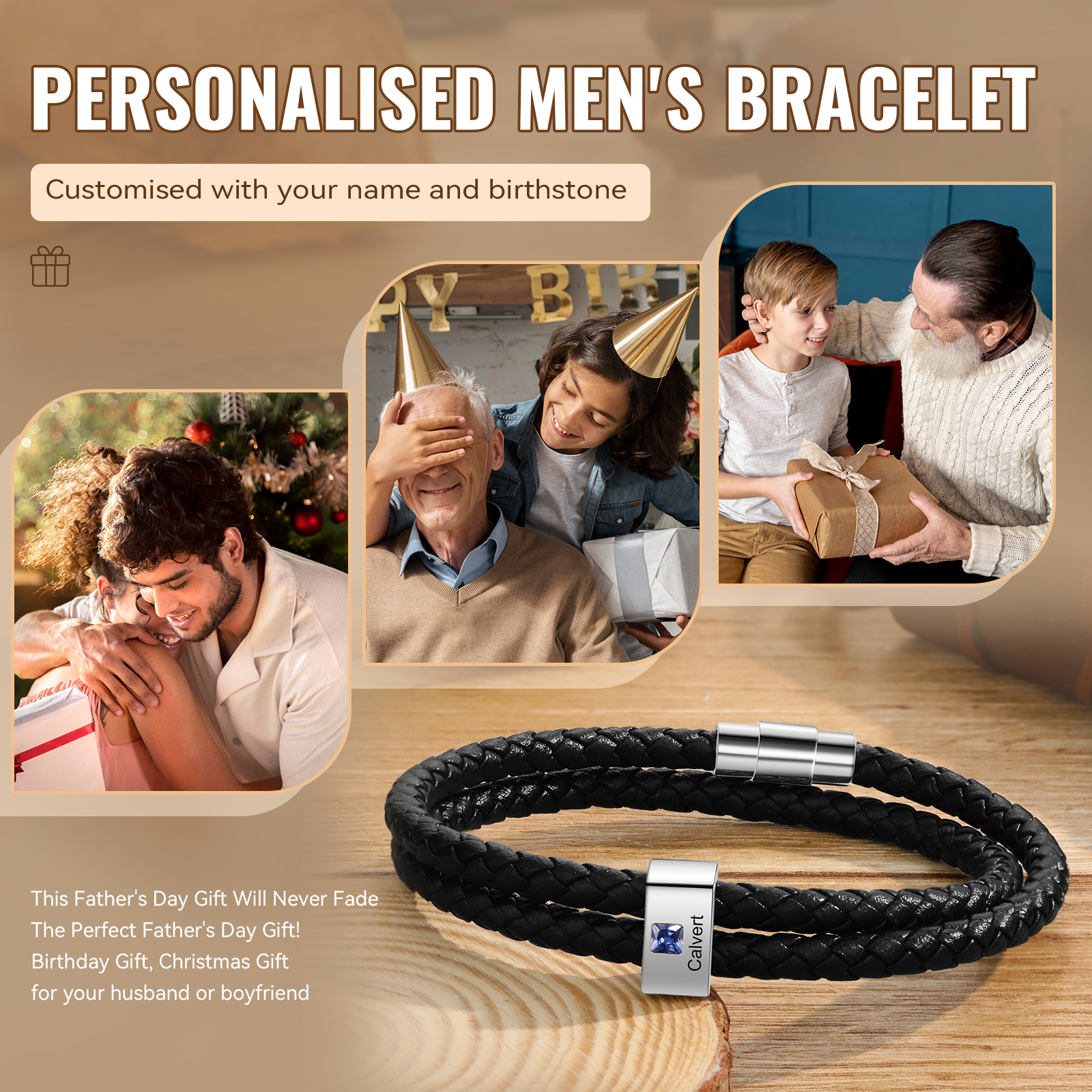 Personalised Leather Men Bracelet with 1 Name & 1 Stone A Thoughtful Gift for Him