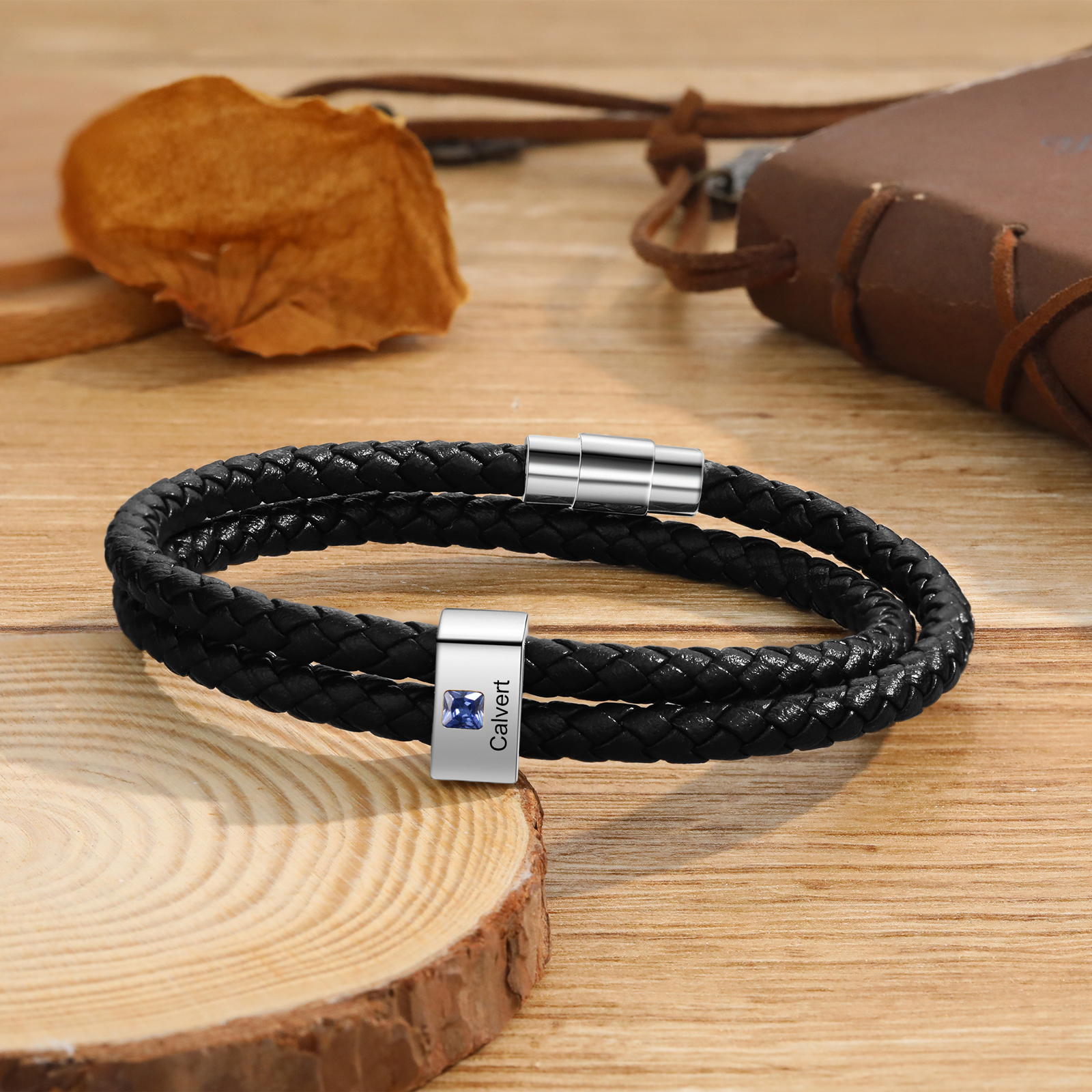 Personalised Leather Men Bracelet with 1 Name & 1 Stone A Thoughtful Gift for Him