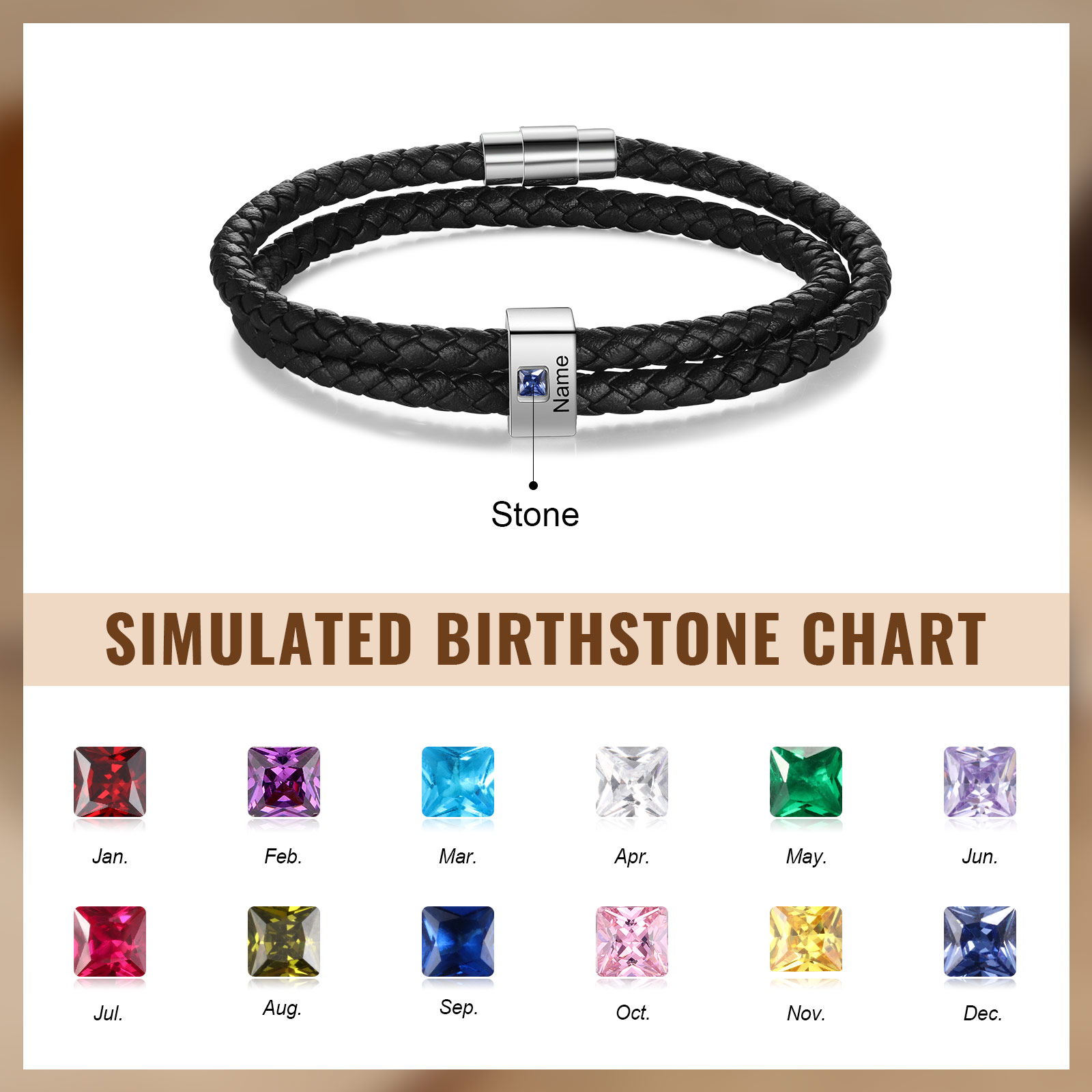 Personalised Leather Men Bracelet with 1 Name & 1 Stone A Thoughtful Gift for Him