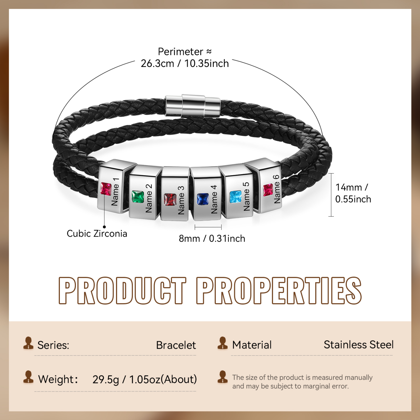 Personalised Leather Men Bracelet with 6 Names & 6 Stones A Thoughtful Gift for Him