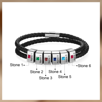 Personalised Leather Men Bracelet with 6 Names & 6 Stones A Thoughtful Gift for Him