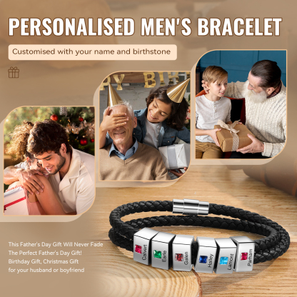 Personalised Leather Men Bracelet with 6 Names & 6 Stones A Thoughtful Gift for Him