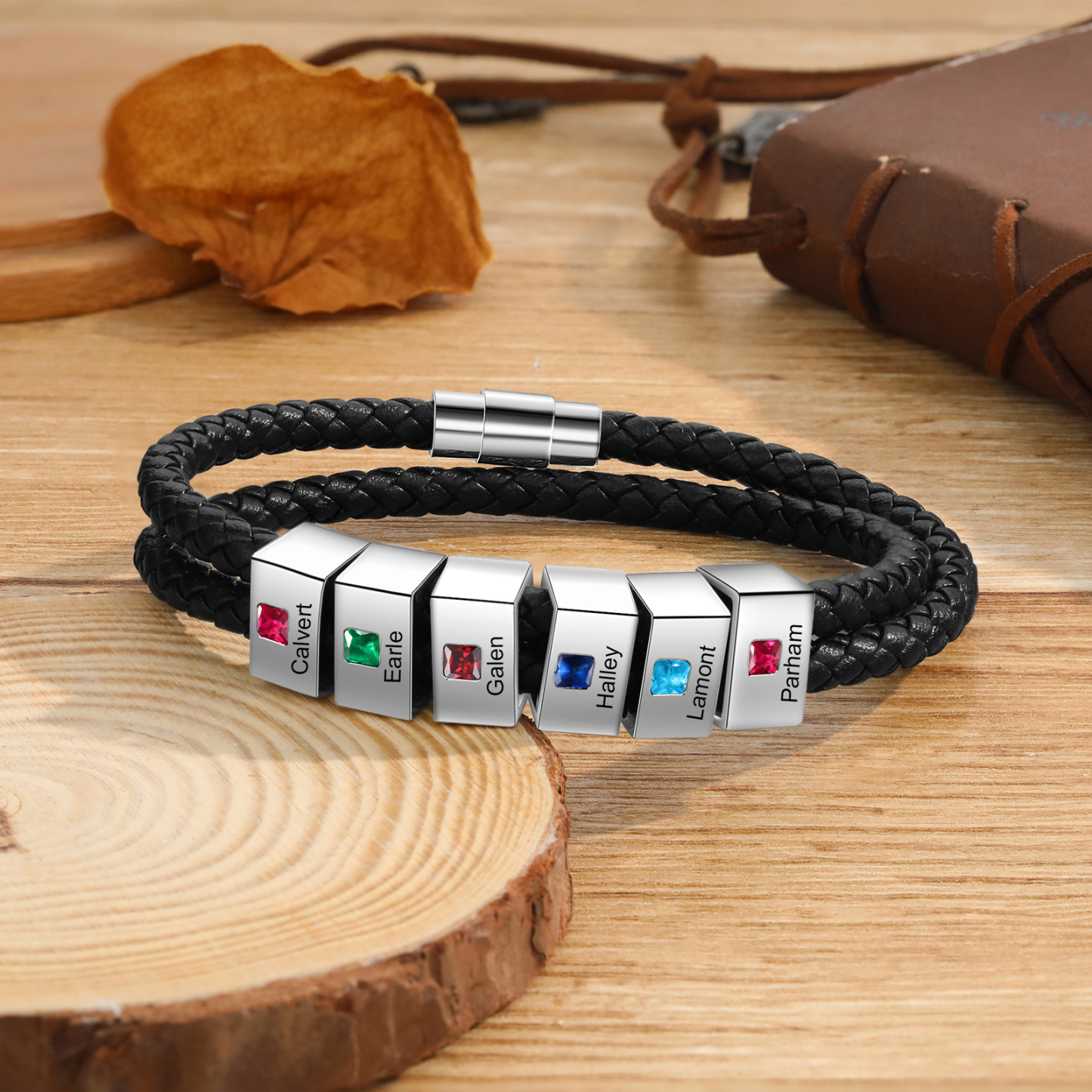 Personalised Leather Men Bracelet with 6 Names & 6 Stones A Thoughtful Gift for Him
