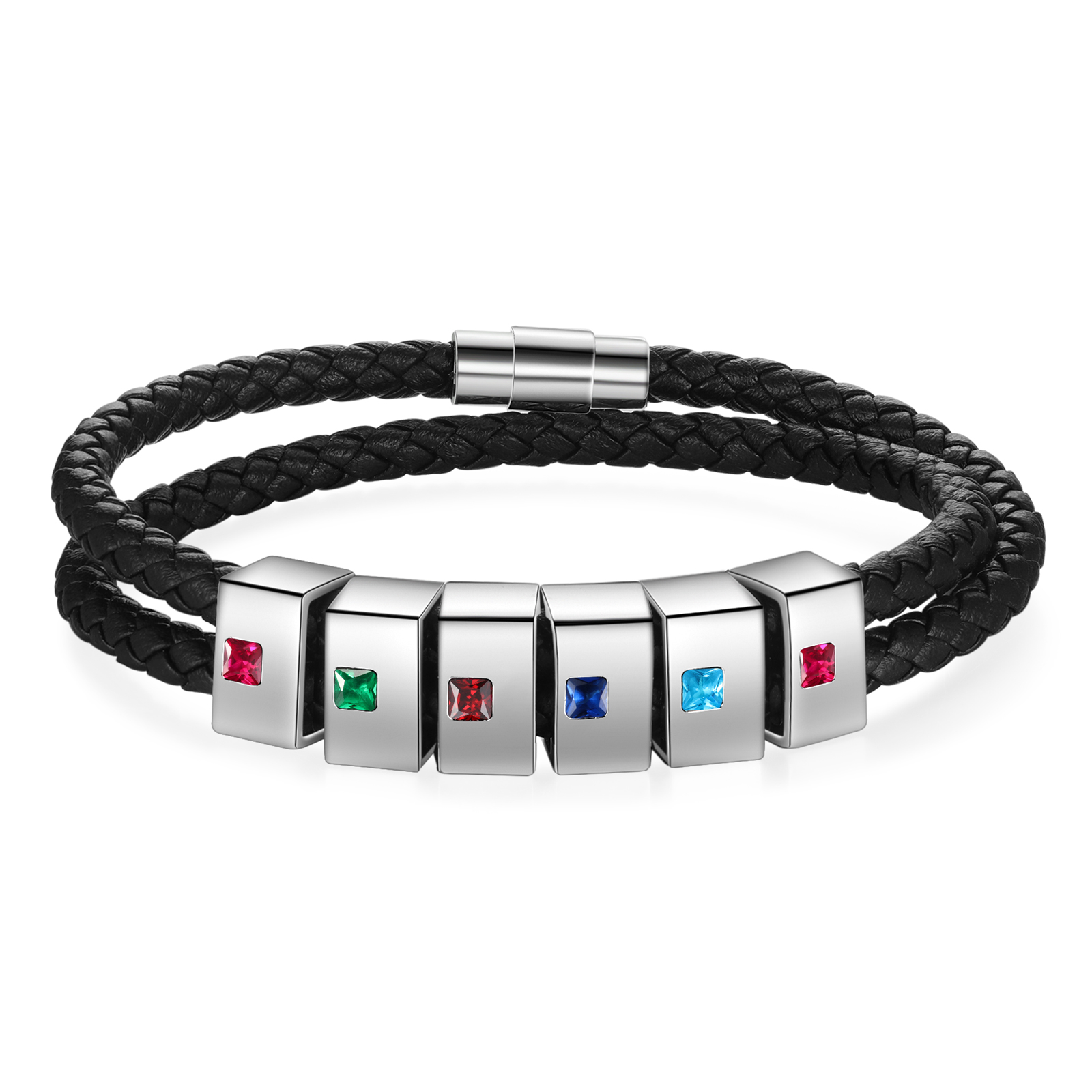 Personalised Leather Men Bracelet with 6 Names & 6 Stones A Thoughtful Gift for Him