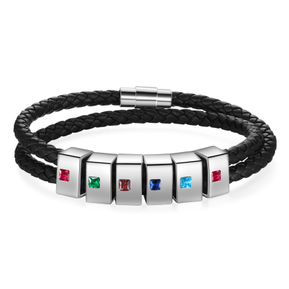 Personalised Leather Men Bracelet with 6 Names & 6 Stones A Thoughtful Gift for Him