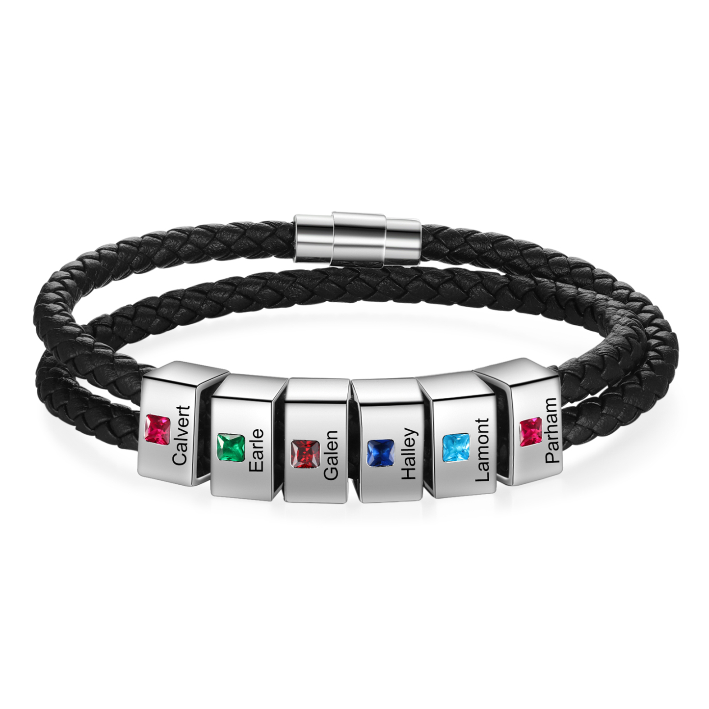 Personalised Leather Men Bracelet with 6 Names & 6 Stones A Thoughtful Gift for Him