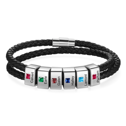 Personalised Leather Men Bracelet with 6 Names & 6 Stones A Thoughtful Gift for Him