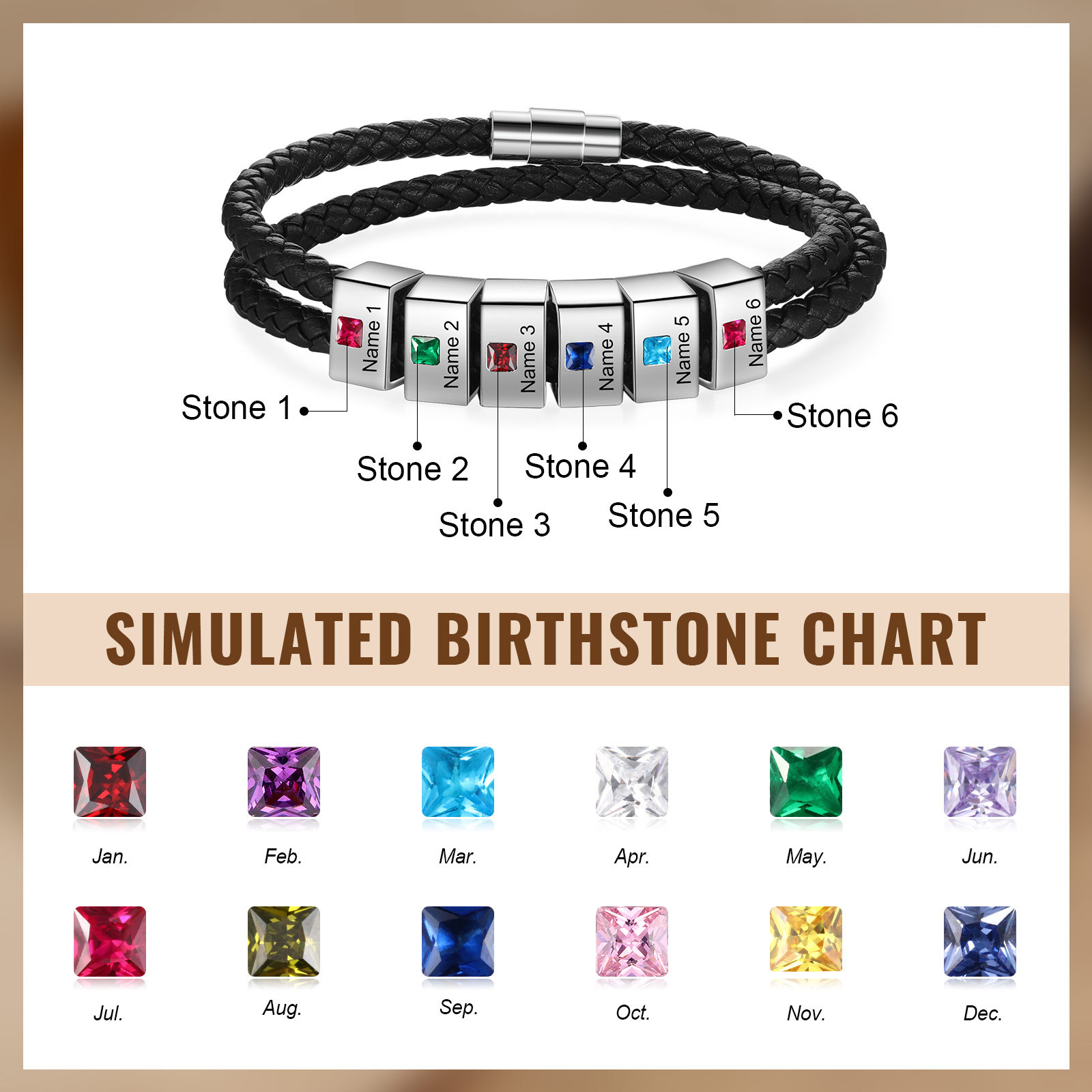 Personalised Leather Men Bracelet with 6 Names & 6 Stones A Thoughtful Gift for Him