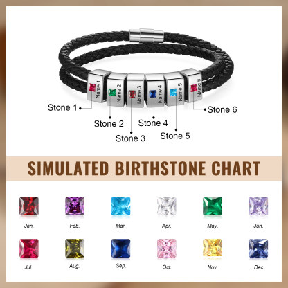 Personalised Leather Men Bracelet with 6 Names & 6 Stones A Thoughtful Gift for Him