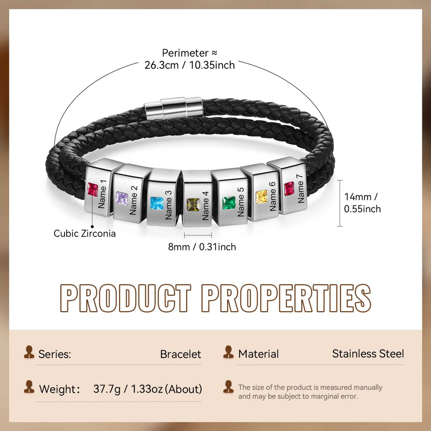 Personalised Leather Men Bracelet with 7 Names & 7 Stones A Thoughtful Gift for Him