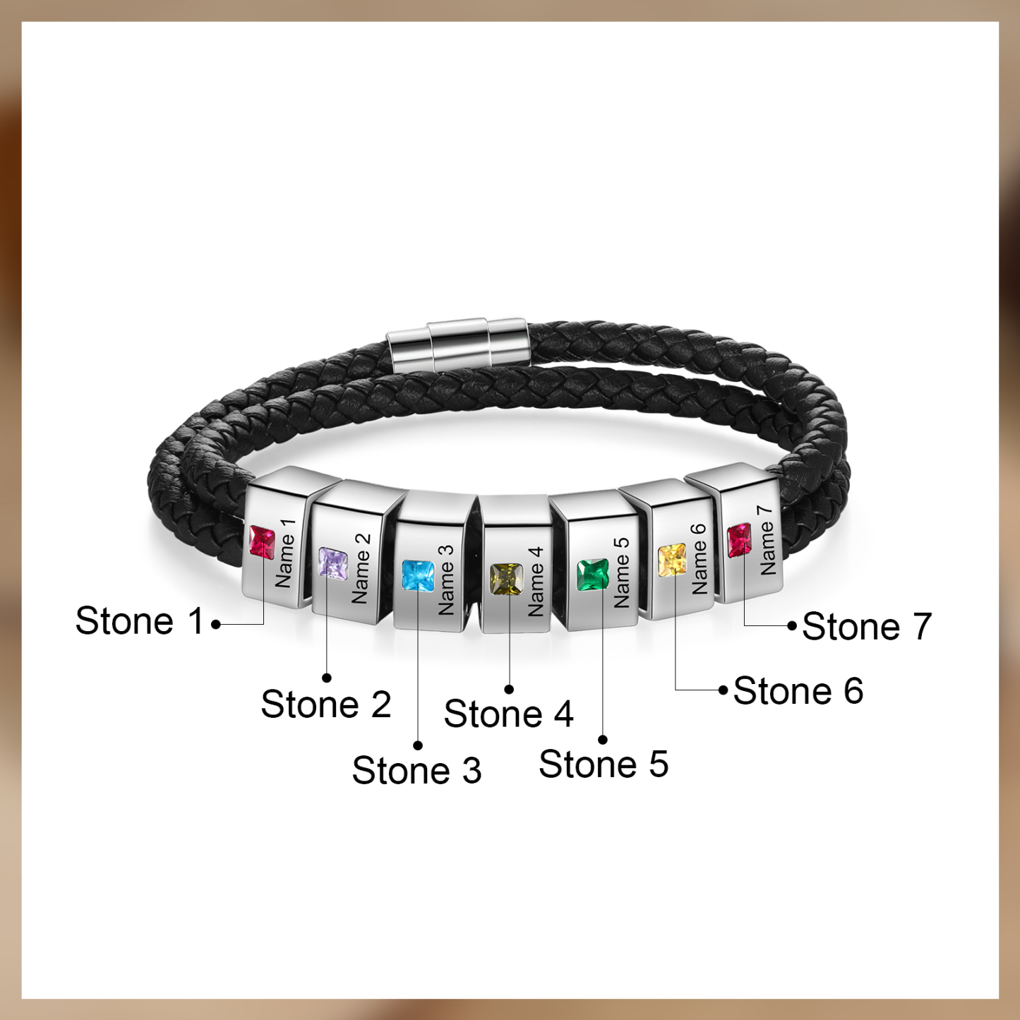 Personalised Leather Men Bracelet with 7 Names & 7 Stones A Thoughtful Gift for Him