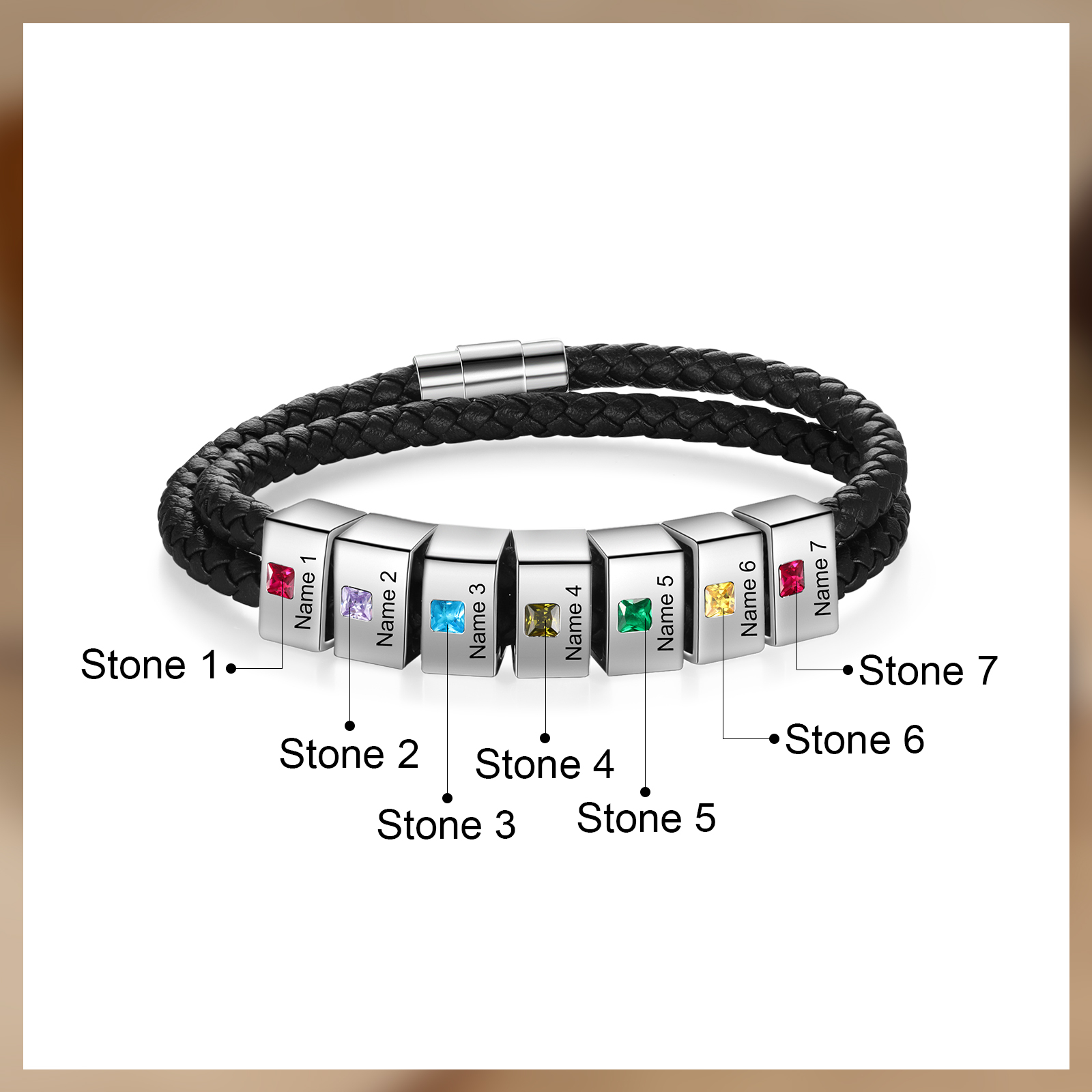 Personalised Leather Men Bracelet with 7 Names & 7 Stones A Thoughtful Gift for Him
