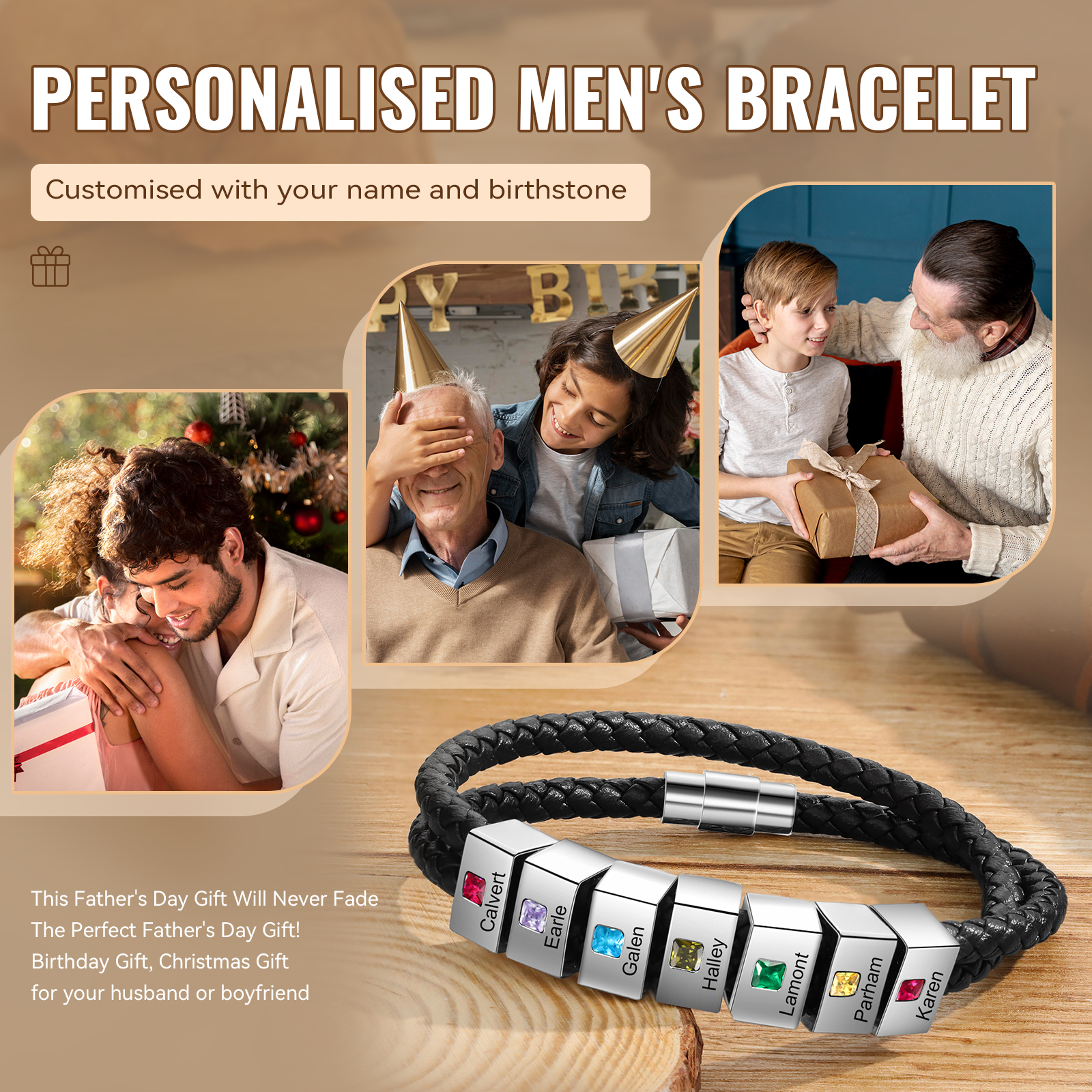Personalised Leather Men Bracelet with 7 Names & 7 Stones A Thoughtful Gift for Him