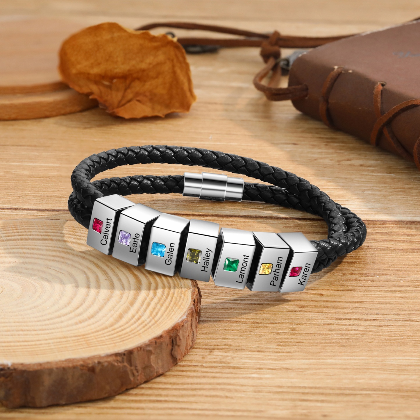 Personalised Leather Men Bracelet with 7 Names & 7 Stones A Thoughtful Gift for Him