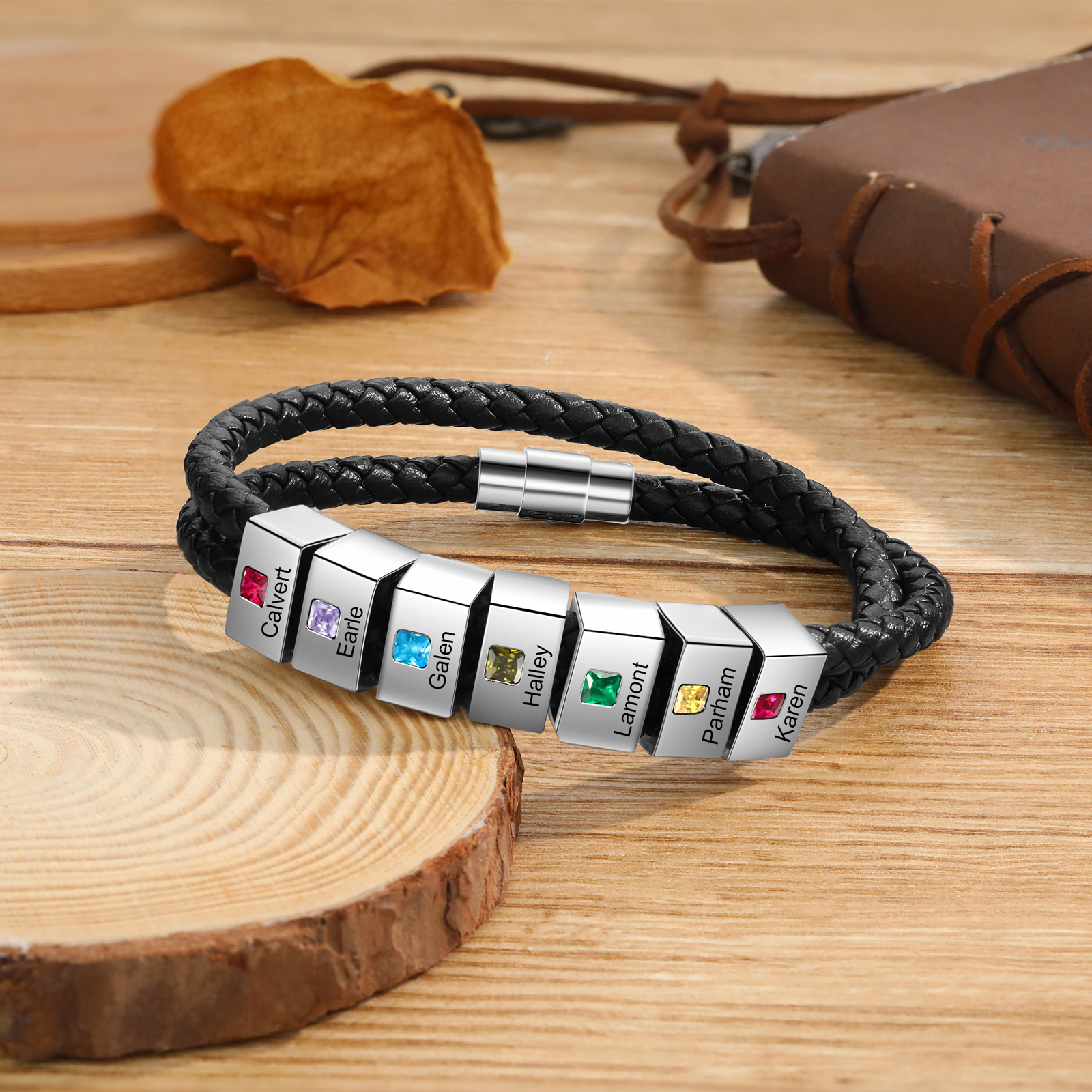 Personalised Leather Men Bracelet with 7 Names & 7 Stones A Thoughtful Gift for Him