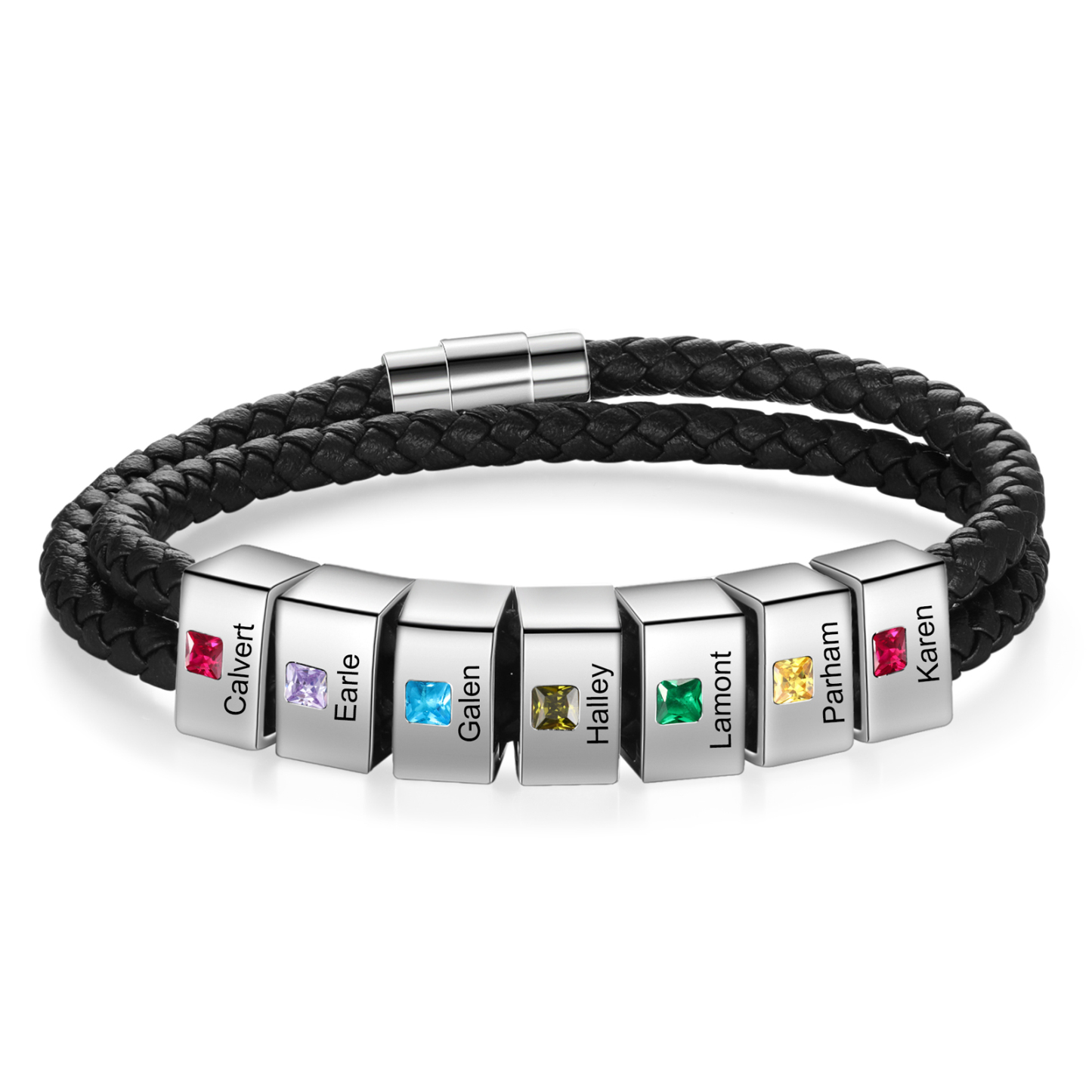 Personalised Leather Men Bracelet with 7 Names & 7 Stones A Thoughtful Gift for Him