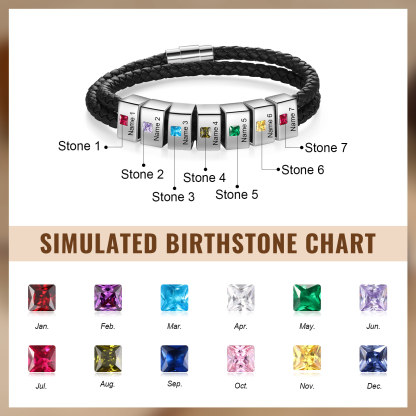 Personalised Leather Men Bracelet with 7 Names & 7 Stones A Thoughtful Gift for Him