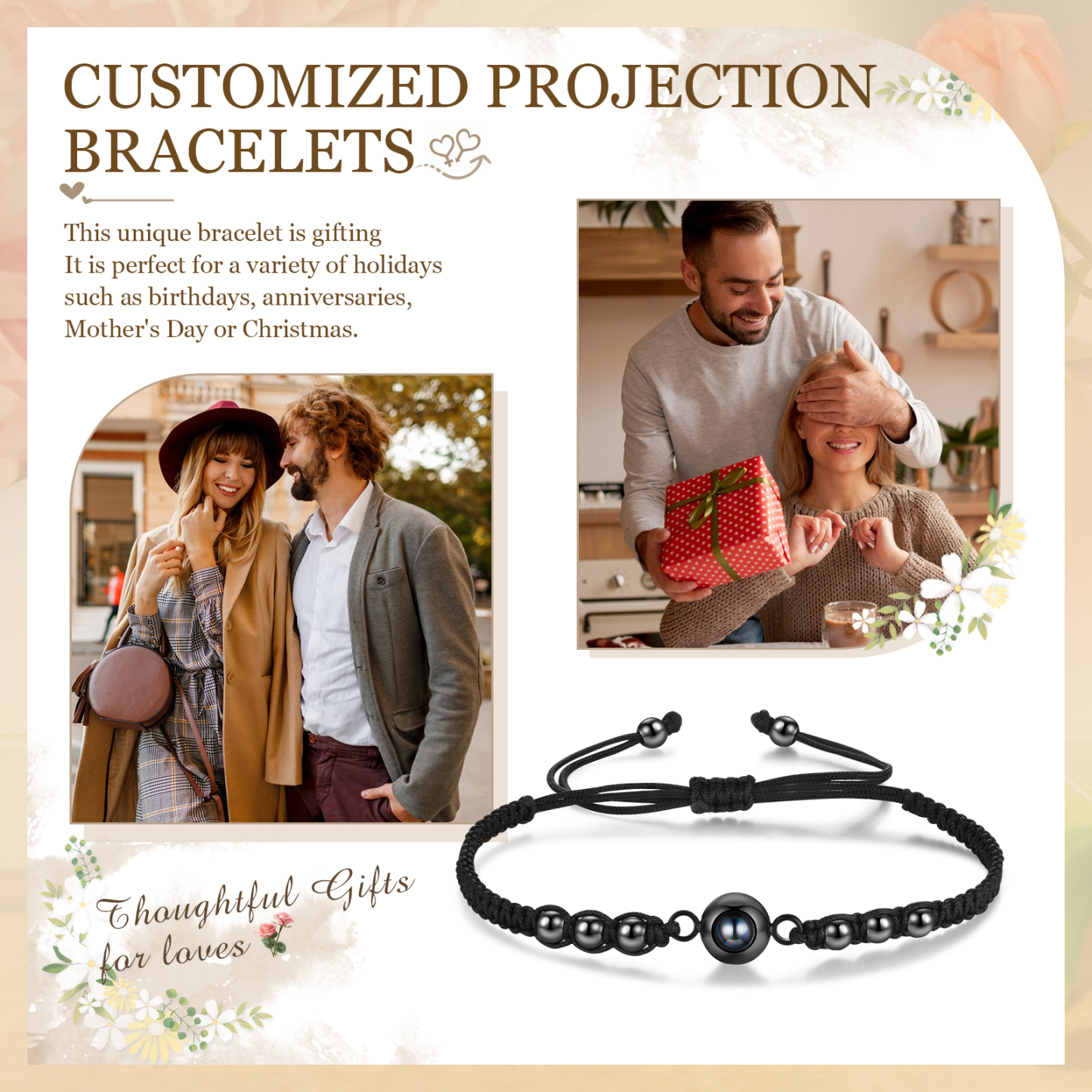 Personalised Photo Projection Bracelet Adjustable Braided & Bead Rope Bracelet String Bracelet A Heartfelt Gift for Her & Him