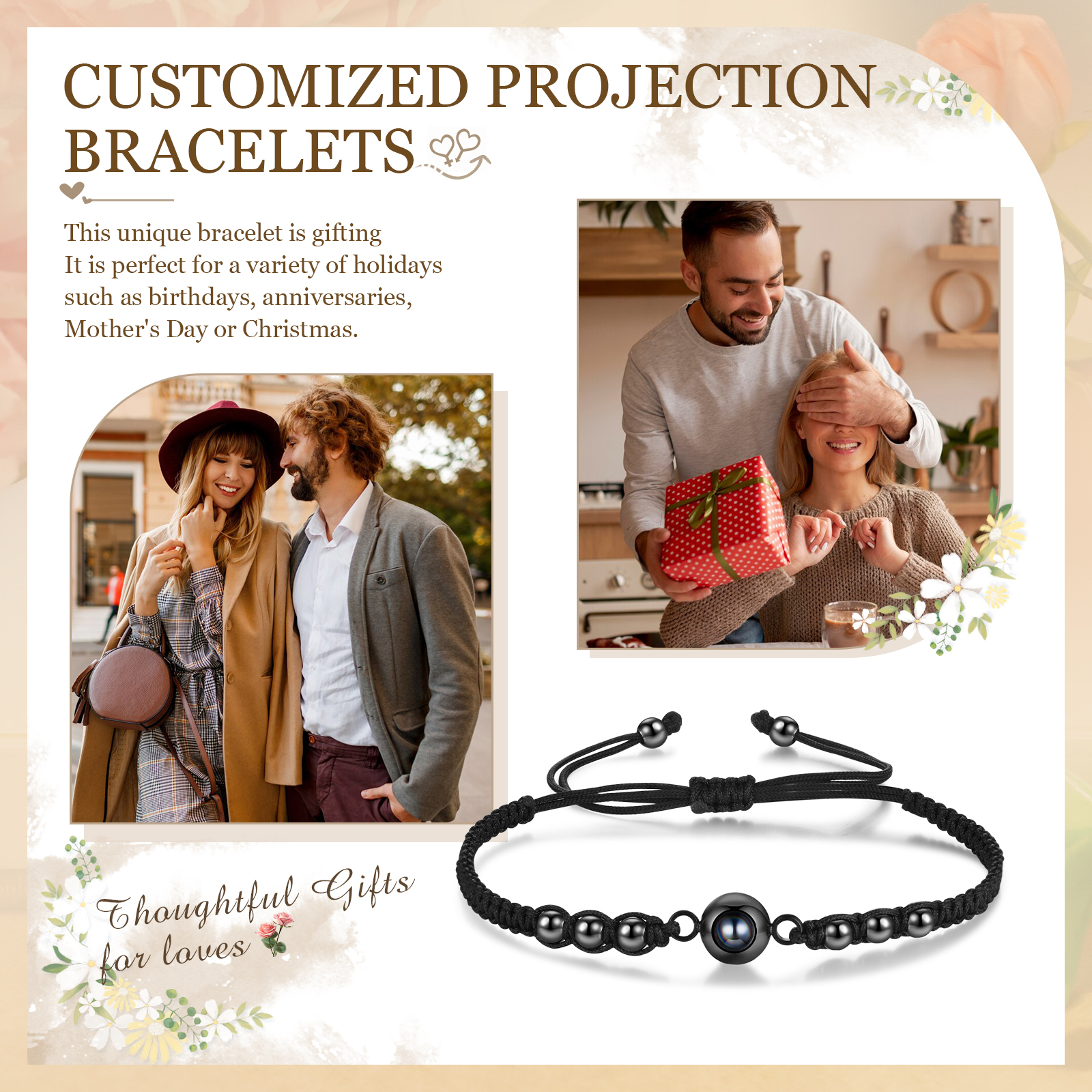 Personalised Photo Projection Bracelet Adjustable Braided & Bead Rope Bracelet String Bracelet A Heartfelt Gift for Her & Him