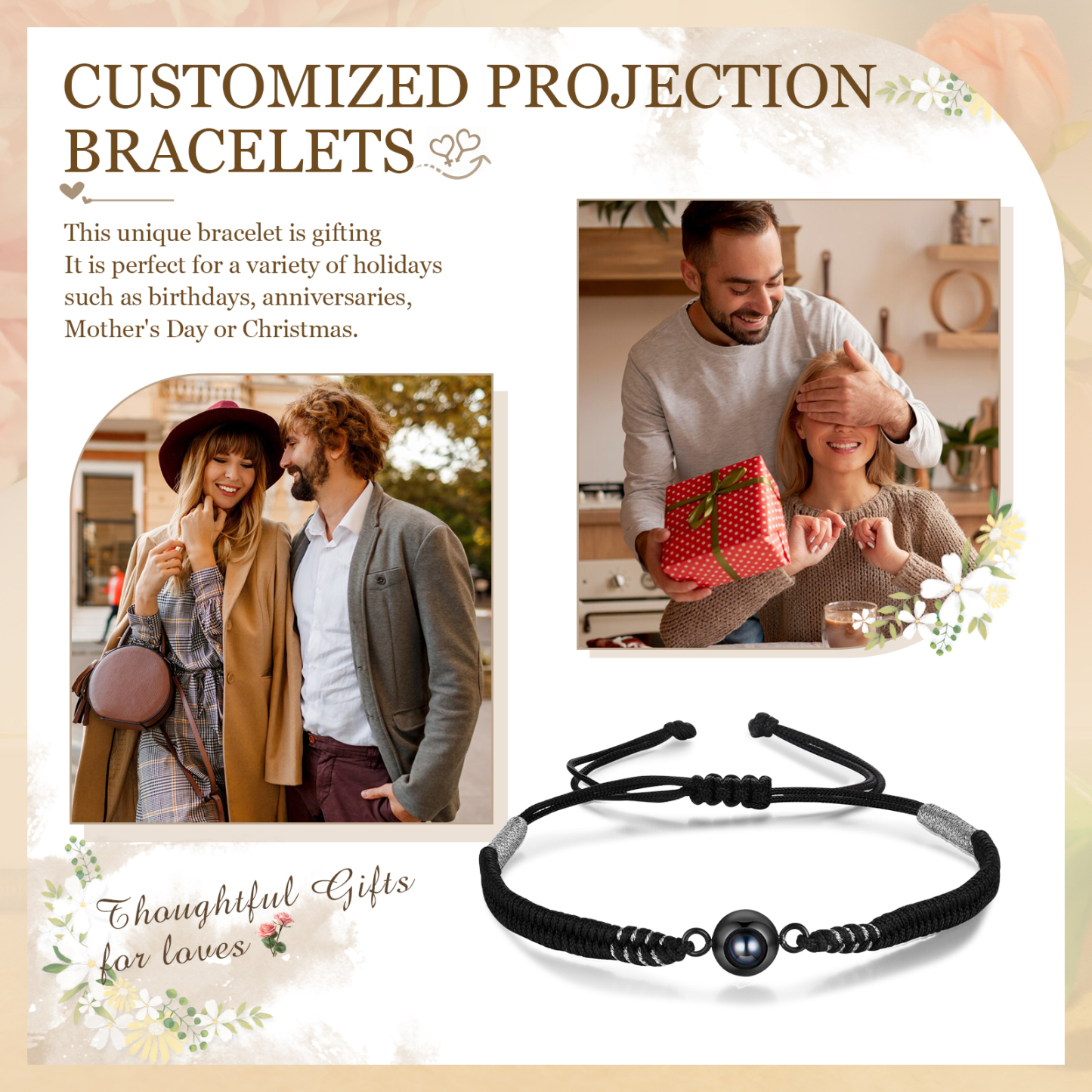 Personalised Photo Projection Bracelet Adjustable Braided Rope Bracelet String Bracelet A Heartfelt Gift for Her & Him