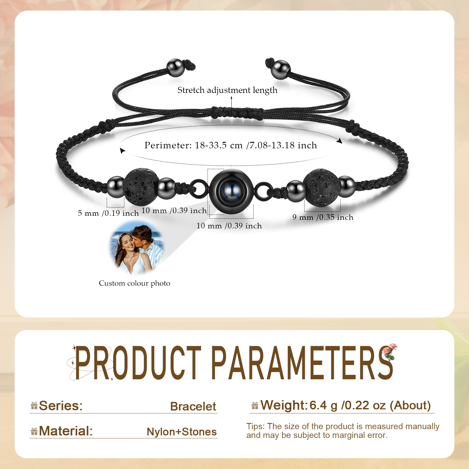 Personalised Projection Bracelet with 1 Photo Worry Beads Kombolo Natural Stone Stripe