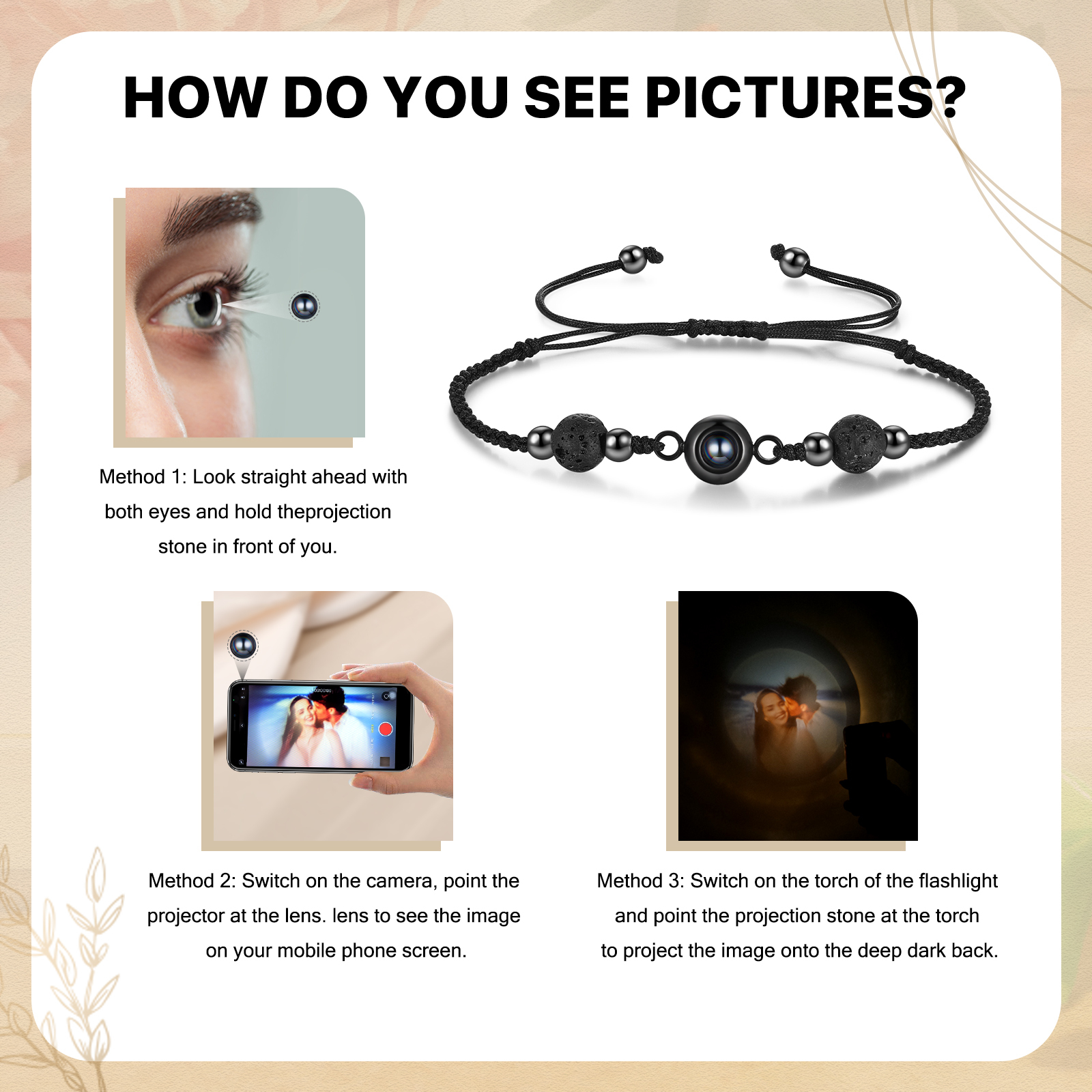 Personalised Projection Bracelet with 1 Photo Worry Beads Kombolo Natural Stone Stripe