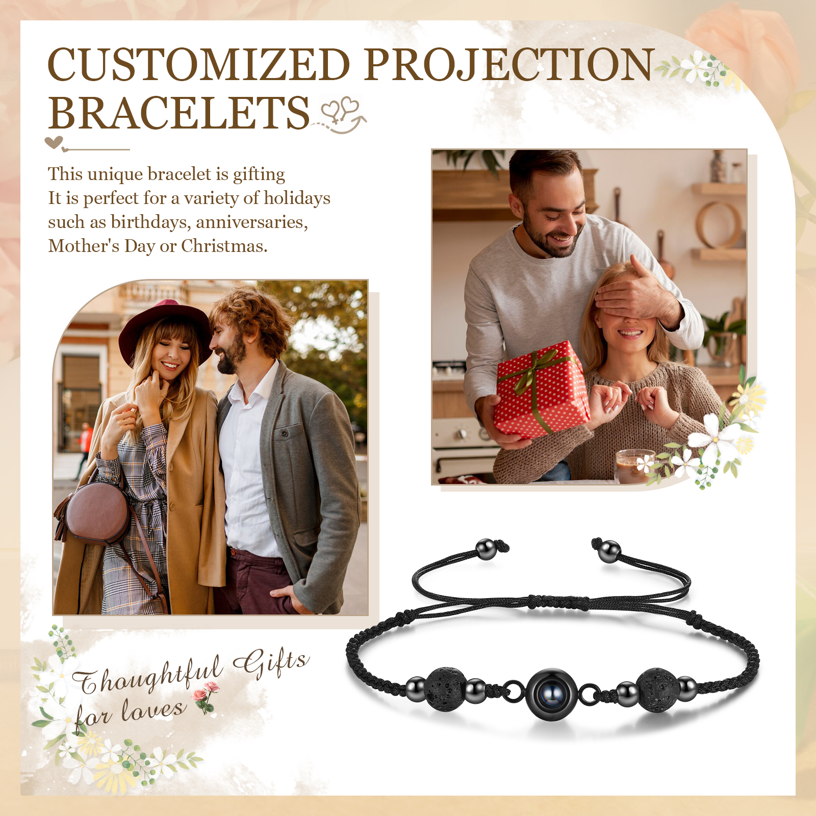 Personalised Projection Bracelet with 1 Photo Worry Beads Kombolo Natural Stone Stripe