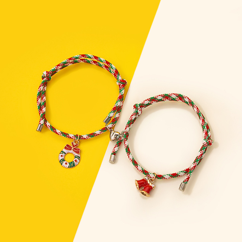Festive Christmas Charm Bracelets with Adjustable Red and Green Cord Set of 2