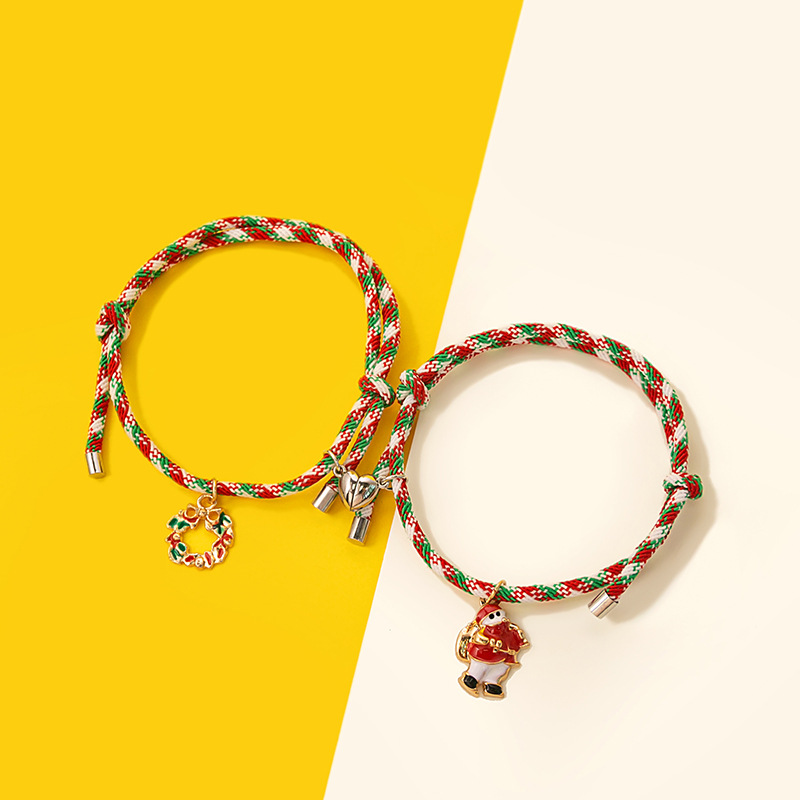Festive Christmas Charm Bracelets with Adjustable Red and Green Cord Set of 2