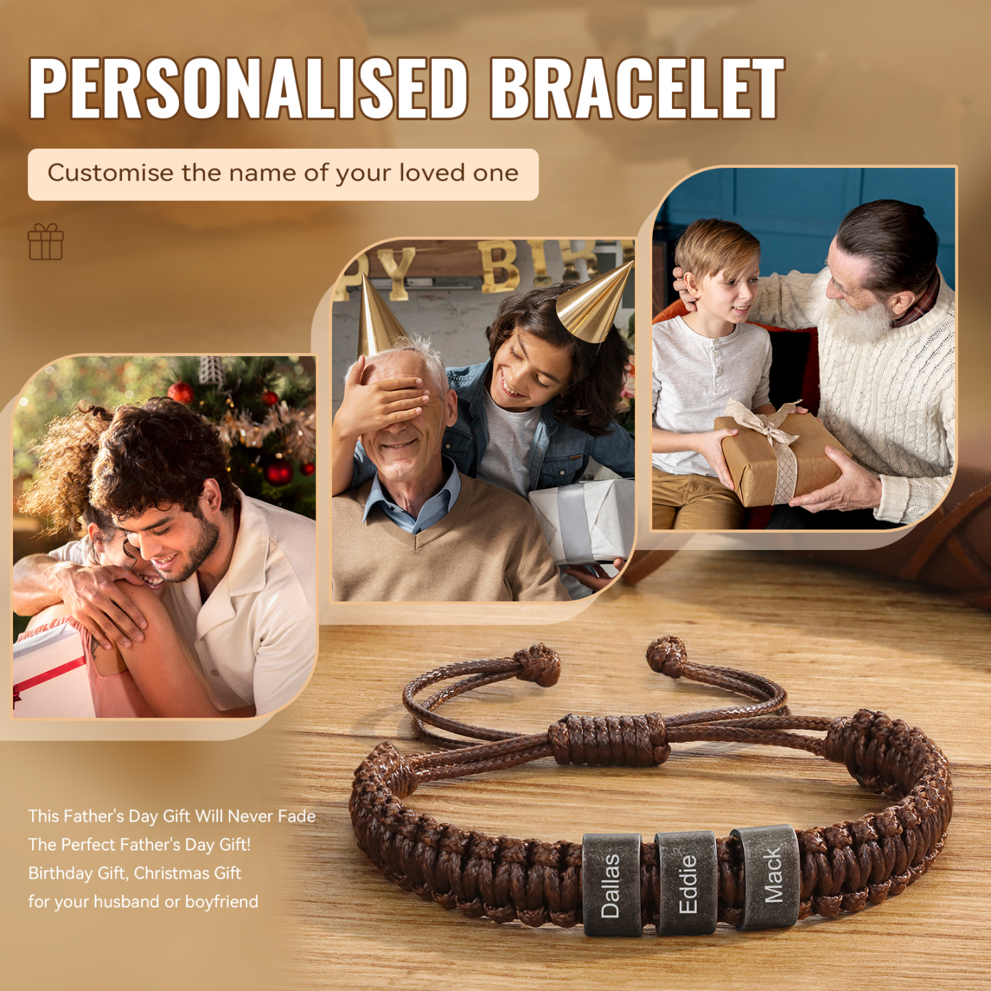 Personalised Adjustable Rope Braided Bracelet Custom 2-5 Names A Meaningful Gift for Him