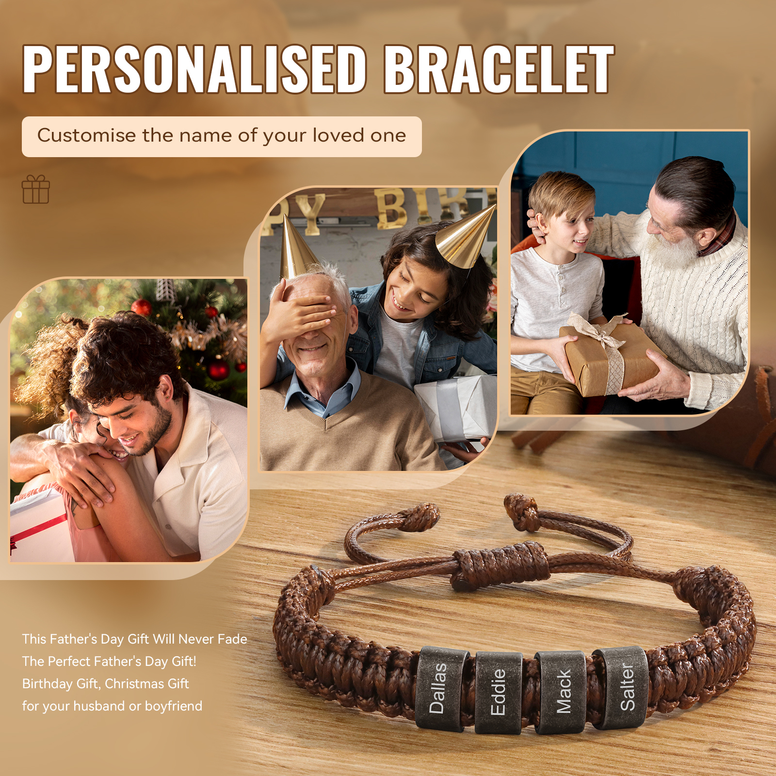 Personalised Adjustable Rope Braided Bracelet Custom 2-5 Names A Meaningful Gift for Him