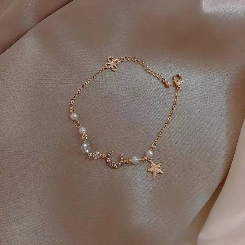Moon and Star Charm Bracelet with Pearls Elegant Gift for Her