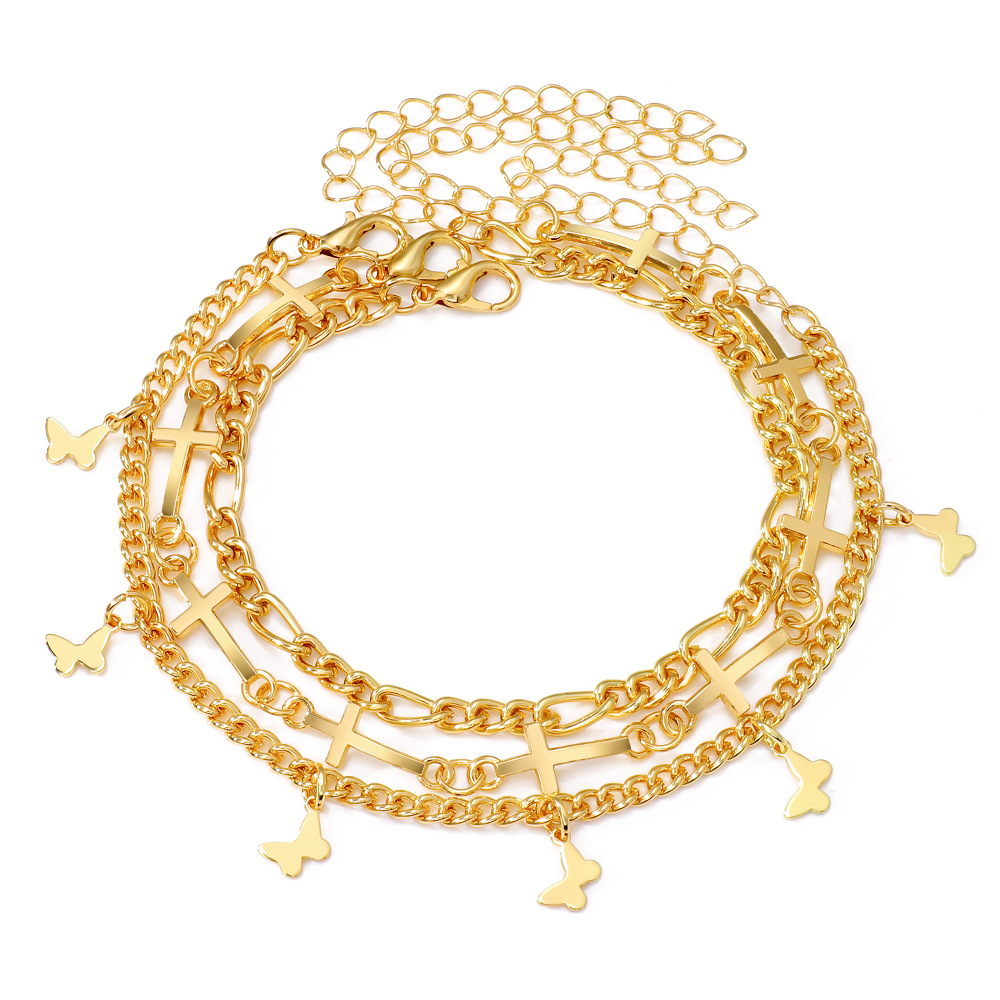 Gold Butterfly & Cross Charm Anklet Set 3 pcs Stylish Gift