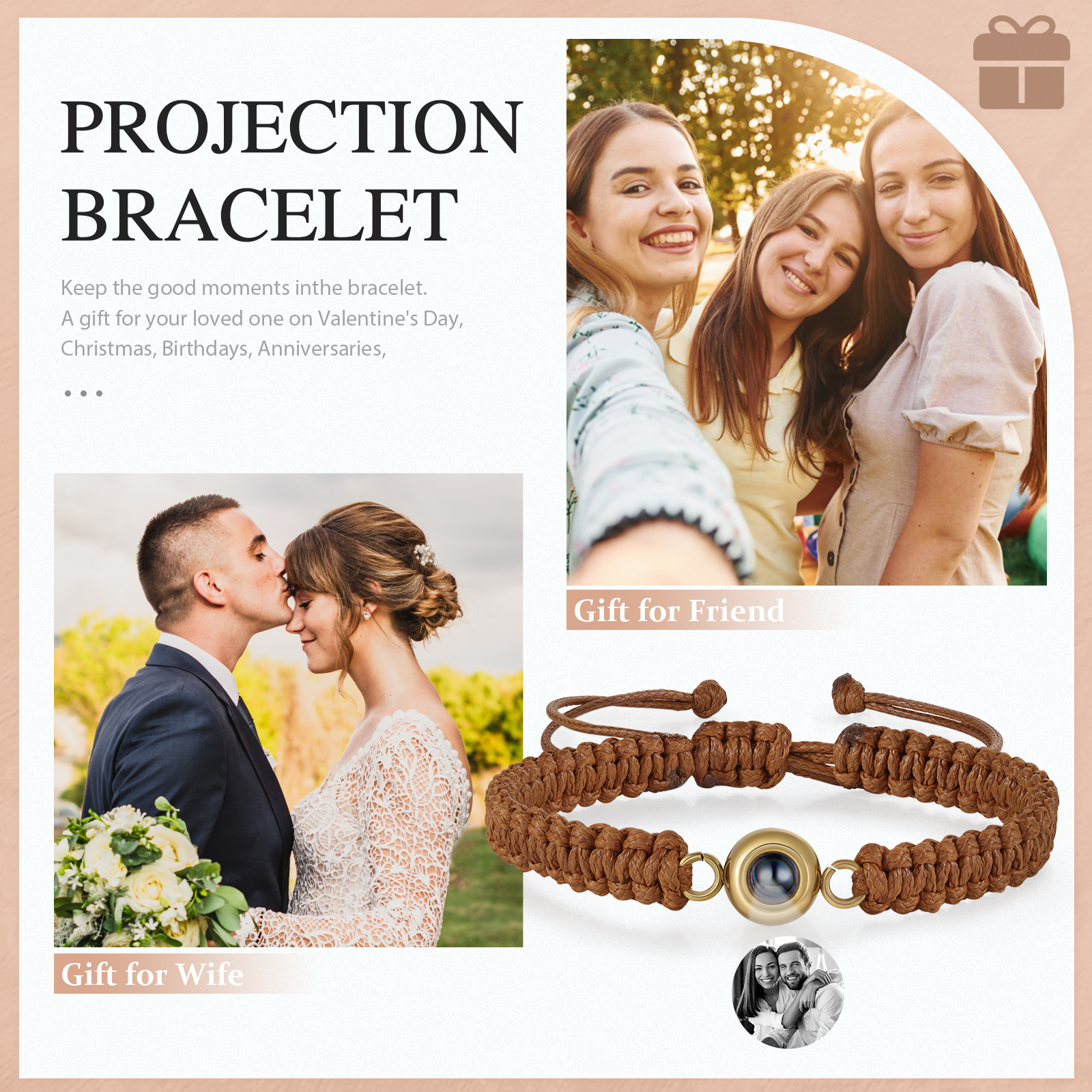 Personalised Projection Bracelet with 1 Photo Handmade Knitted Rope Braided Bracelet Customizable with 4 Special Photo Designs 4 Colour Options Gift for Him & Her