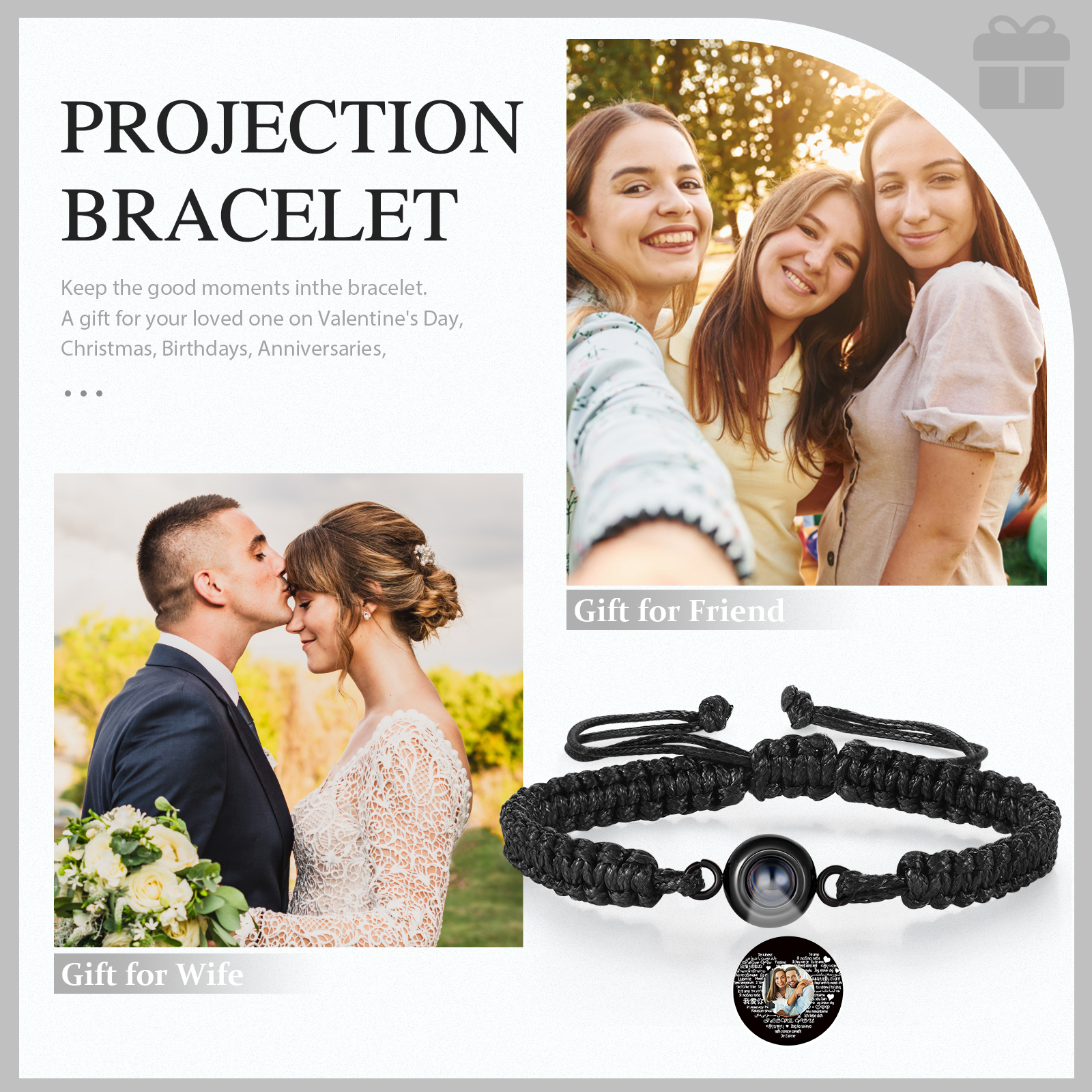 Personalised Projection Bracelet with 1 Photo Handmade Knitted Rope Braided Bracelet Customizable with 4 Special Photo Designs 4 Colour Options Gift for Him & Her