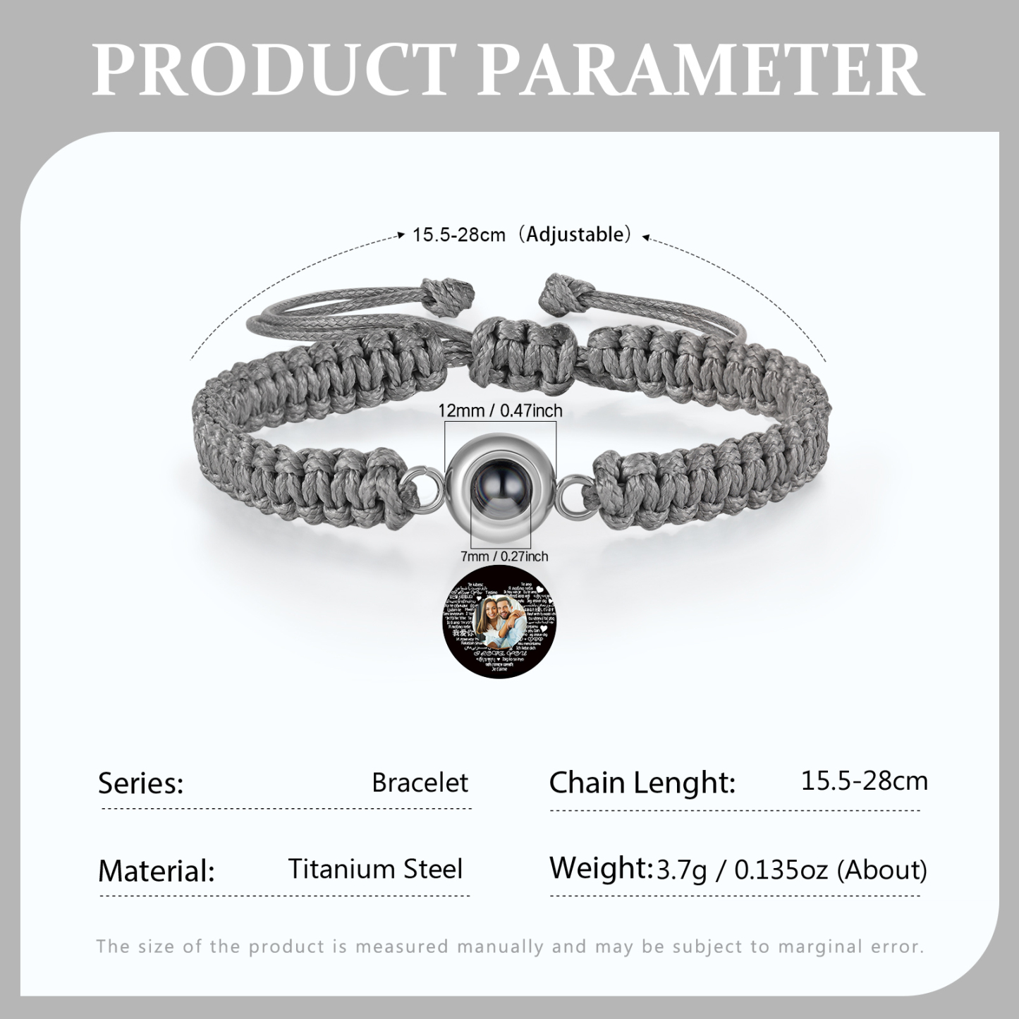 Personalised Projection Bracelet with 1 Photo Handmade Knitted Rope Braided Bracelet Customizable with 4 Special Photo Designs 4 Colour Options Gift for Him & Her