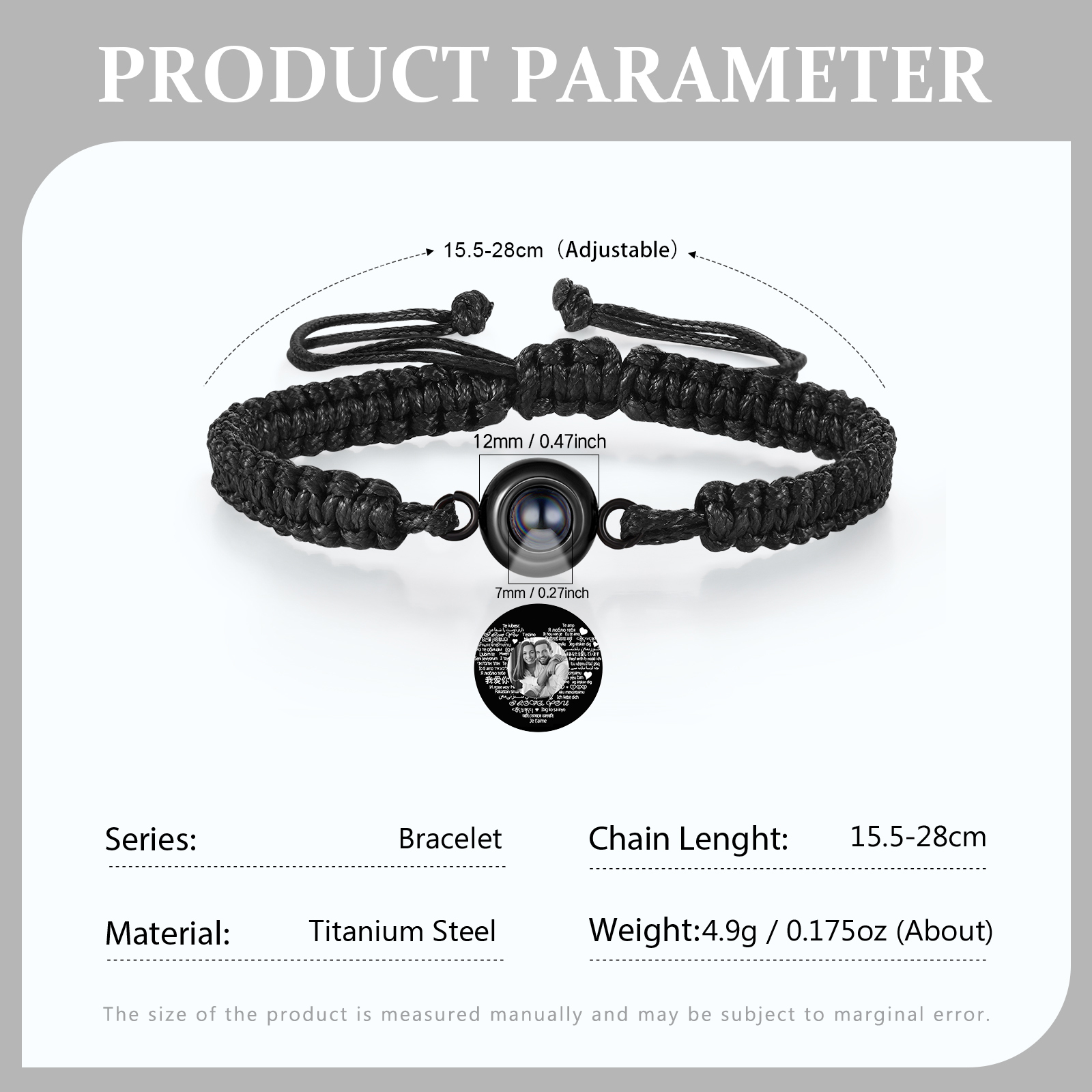 Personalised Projection Bracelet with 1 Photo Handmade Knitted Rope Braided Bracelet Customizable with 4 Special Photo Designs 4 Colour Options Gift for Him & Her