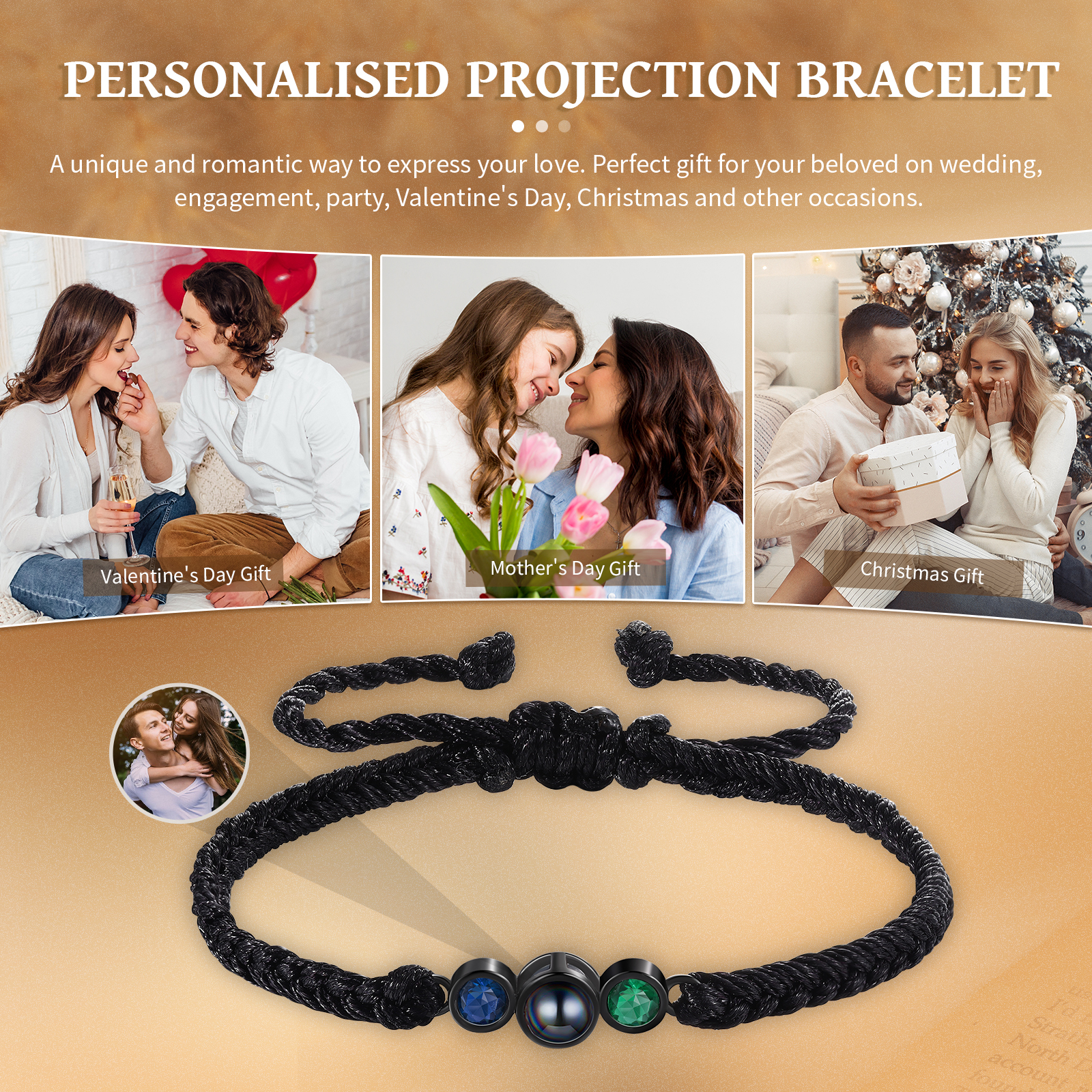 Personalised Photo Projection Bracelet Adjustable Braided Rope Bracelet 2 Birthstones A Heartfelt Gift for Her & Him
