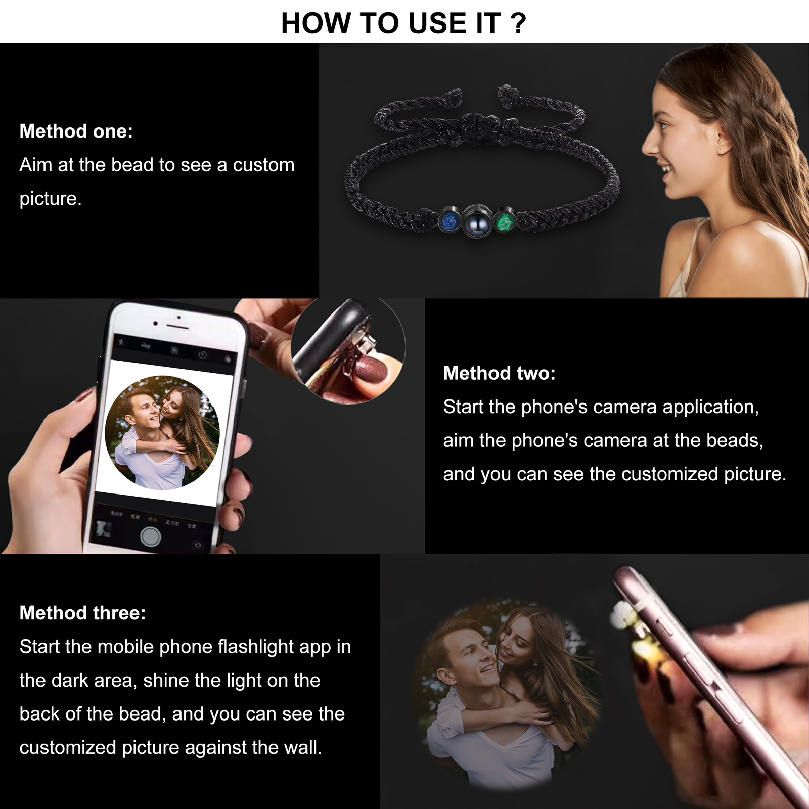 Personalised Photo Projection Bracelet Adjustable Braided Rope Bracelet 2 Birthstones A Heartfelt Gift for Her & Him