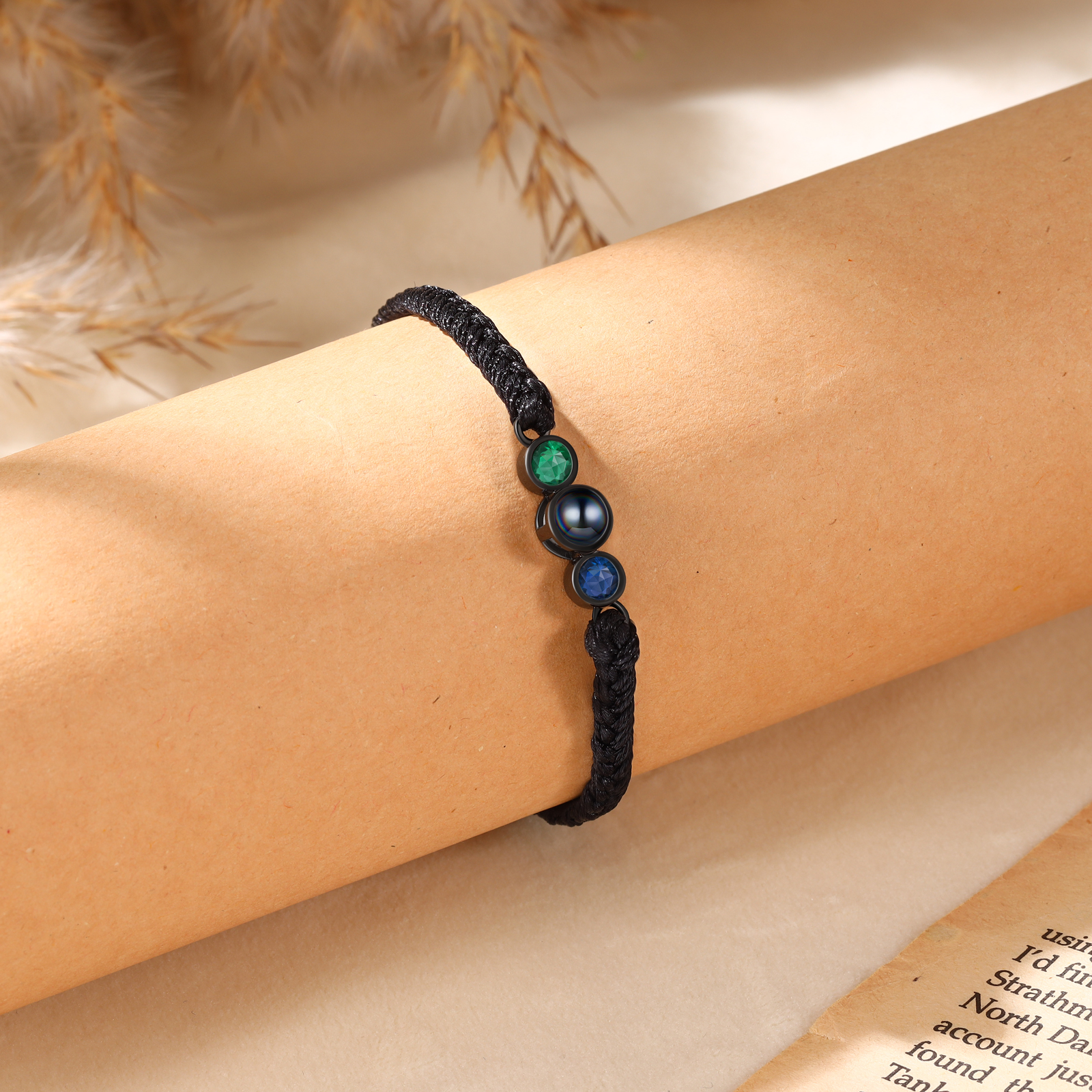 Personalised Photo Projection Bracelet Adjustable Braided Rope Bracelet 2 Birthstones A Heartfelt Gift for Her & Him