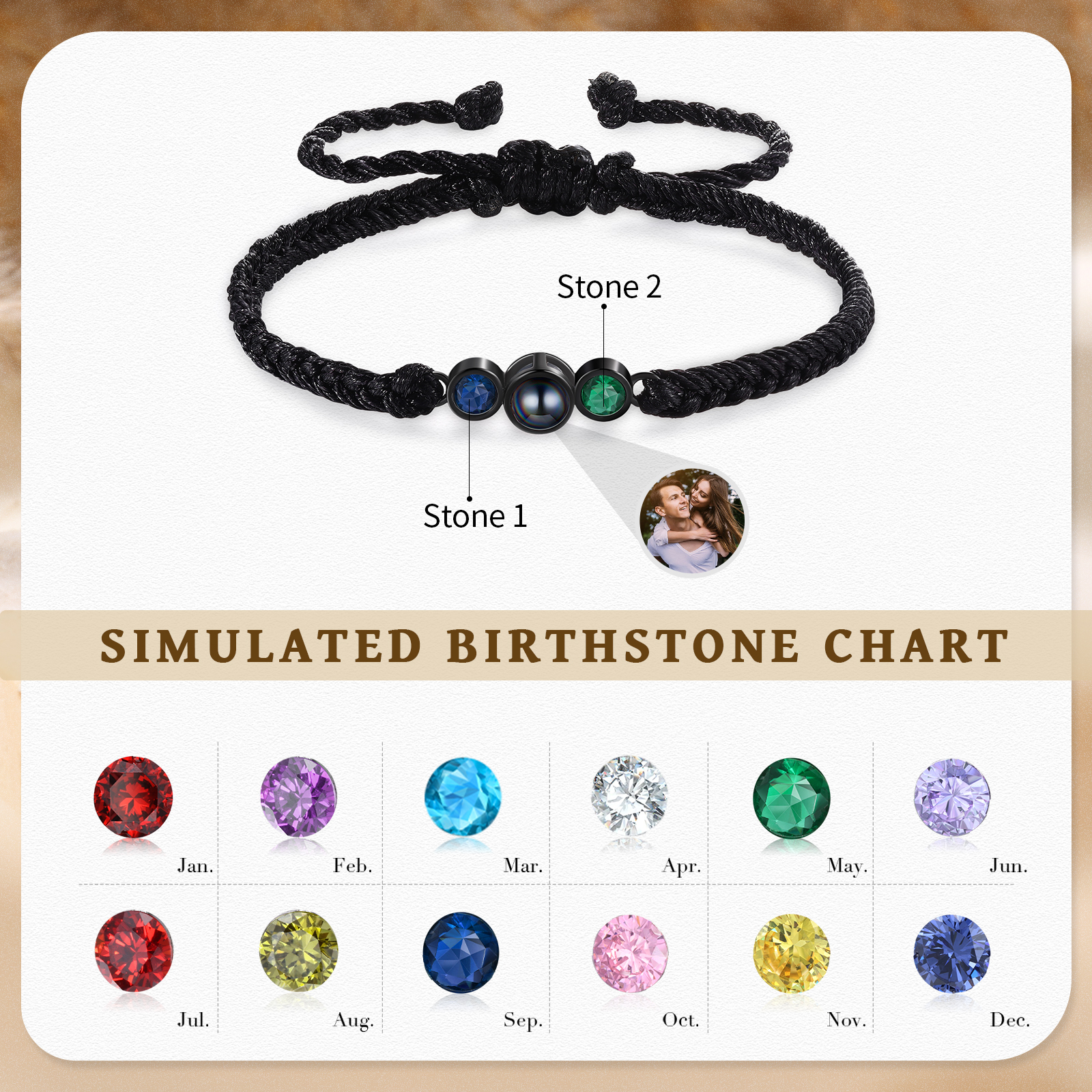Personalised Photo Projection Bracelet Adjustable Braided Rope Bracelet 2 Birthstones A Heartfelt Gift for Her & Him