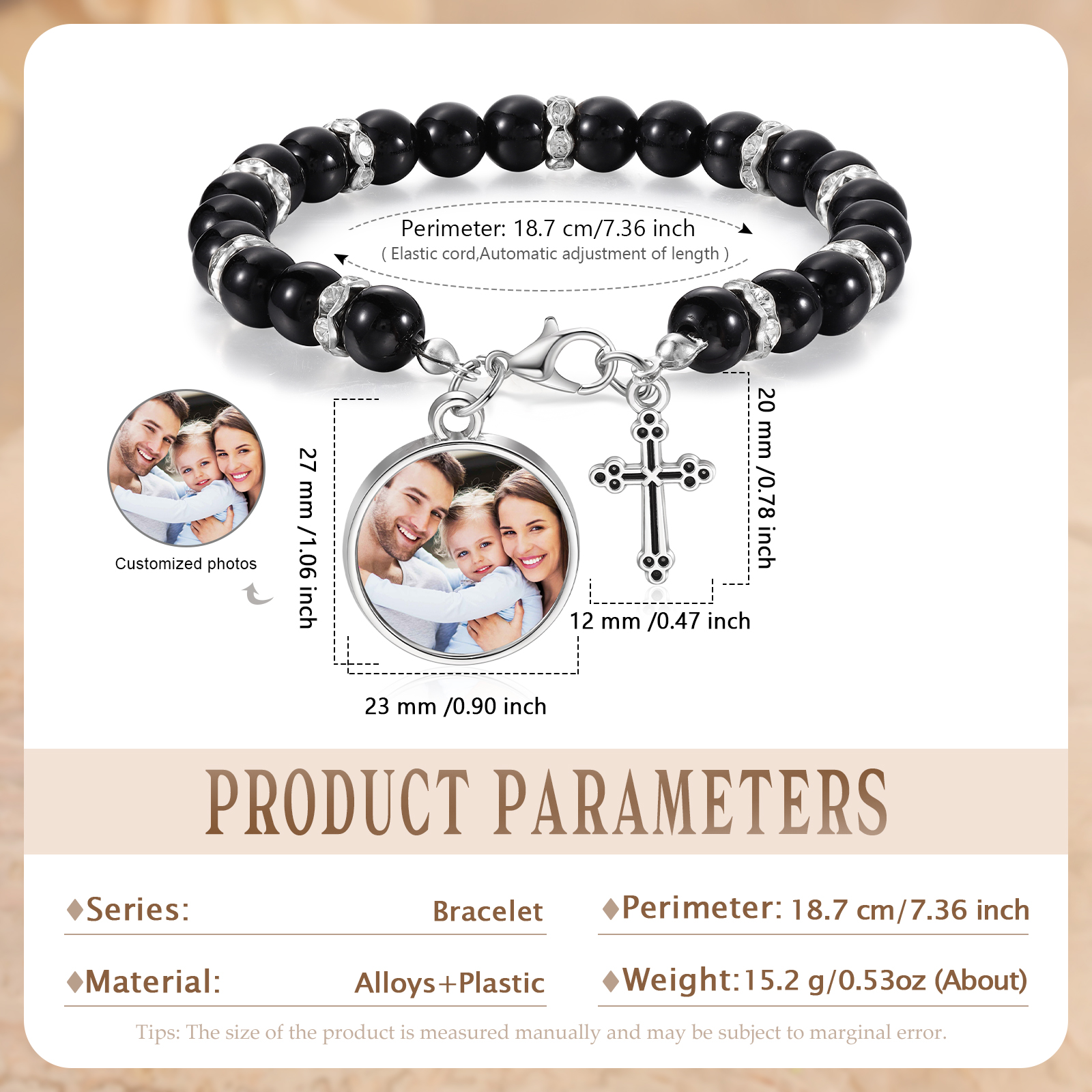Personalised Rosary Memorial Bracelet Custom with Photo and Cross Pendant