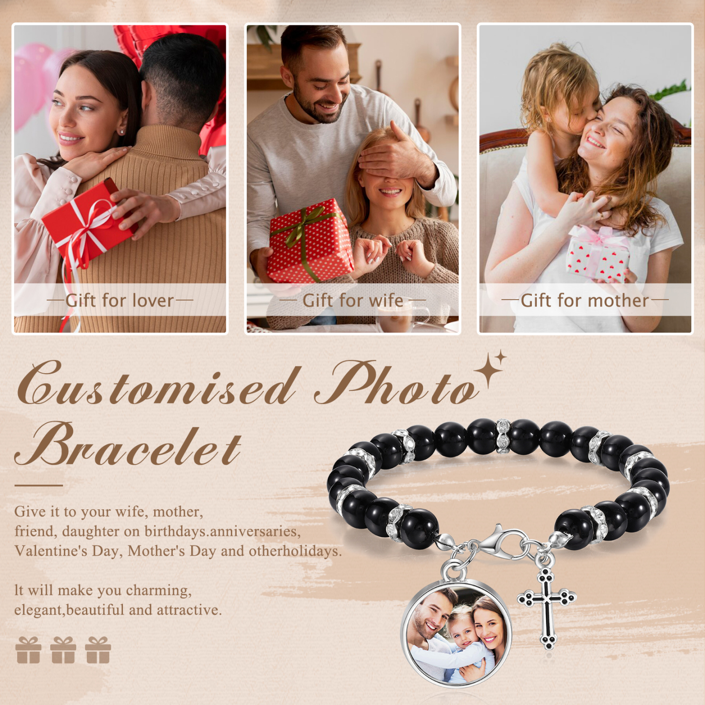 Personalised Rosary Memorial Bracelet Custom with Photo and Cross Pendant
