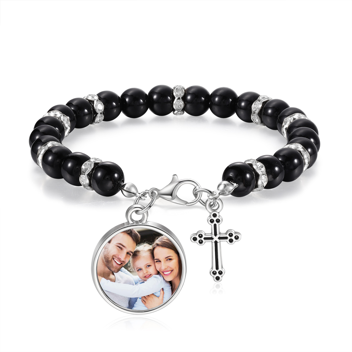 Personalised Rosary Memorial Bracelet Custom with Photo and Cross Pendant